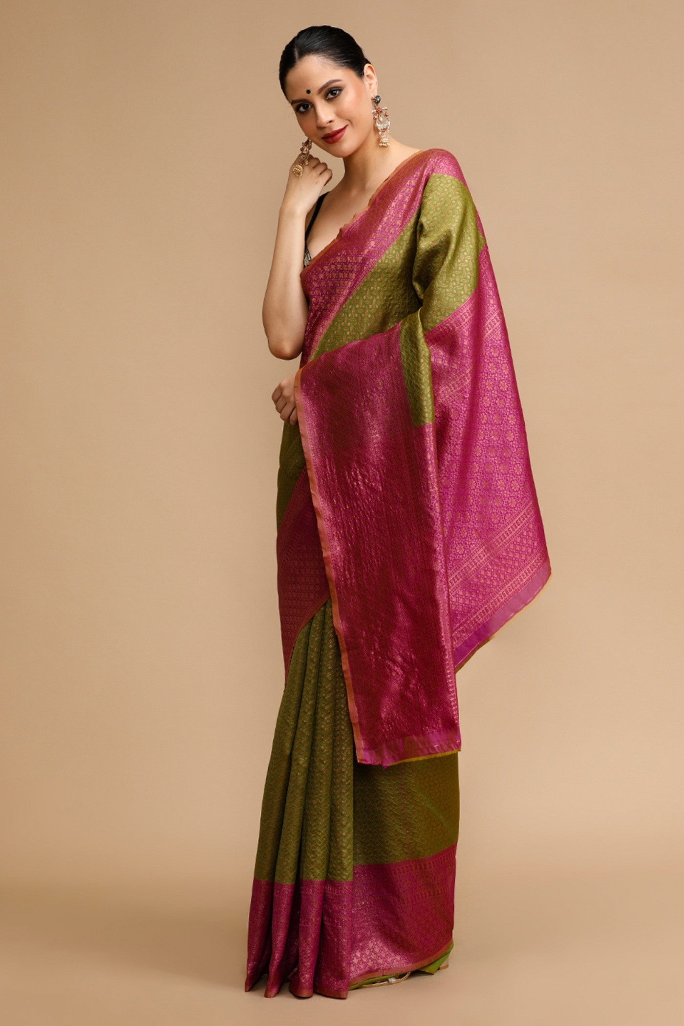 Buy MySilkLove Sheen Green and Pink Woven Jacquard Lichi Silk Saree Online