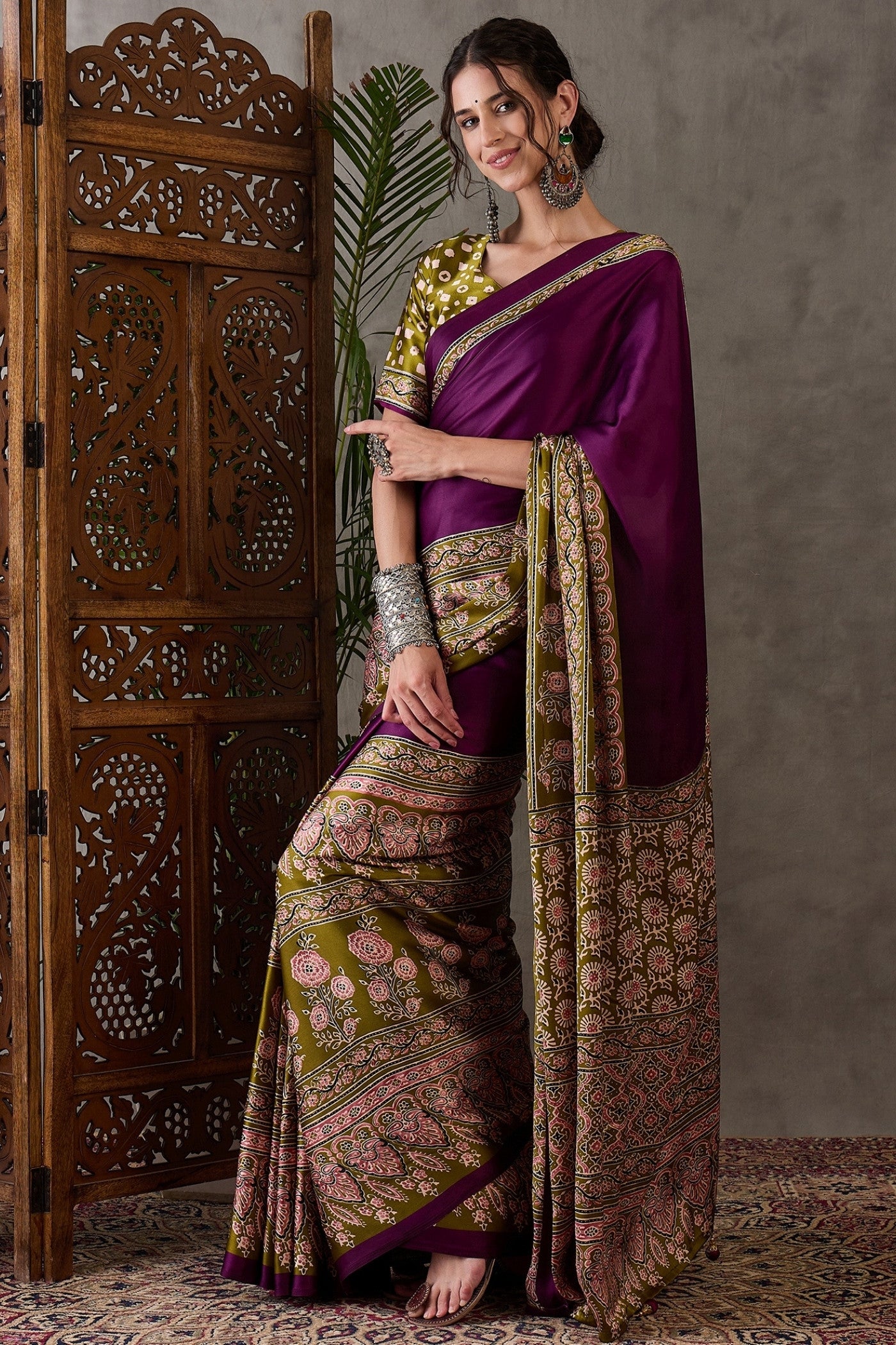 Buy MySilkLove Berry Purple Printed Satin Gaji Silk Saree Online