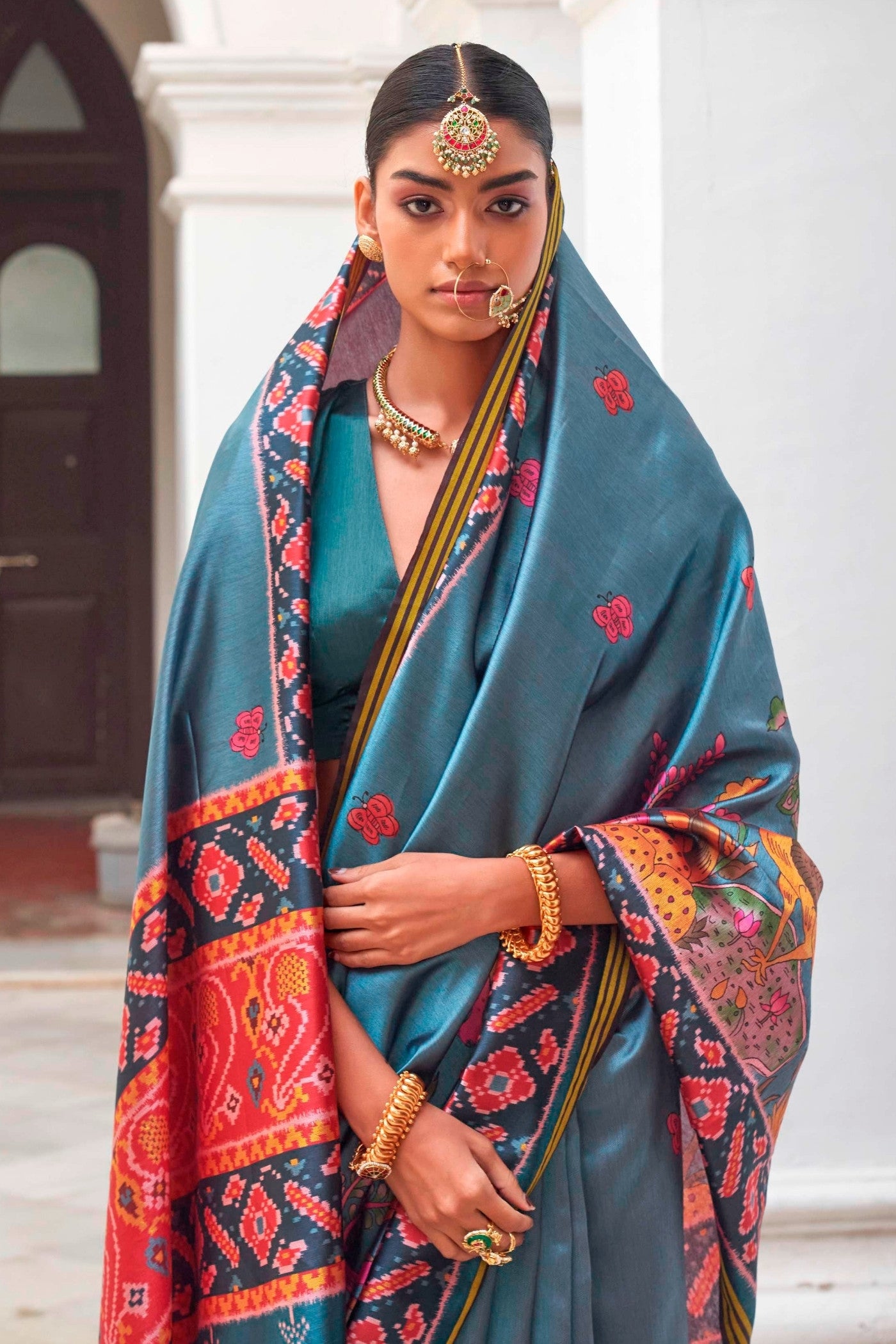 Buy MySilkLove Stratton Blue Printed Patola Saree Online