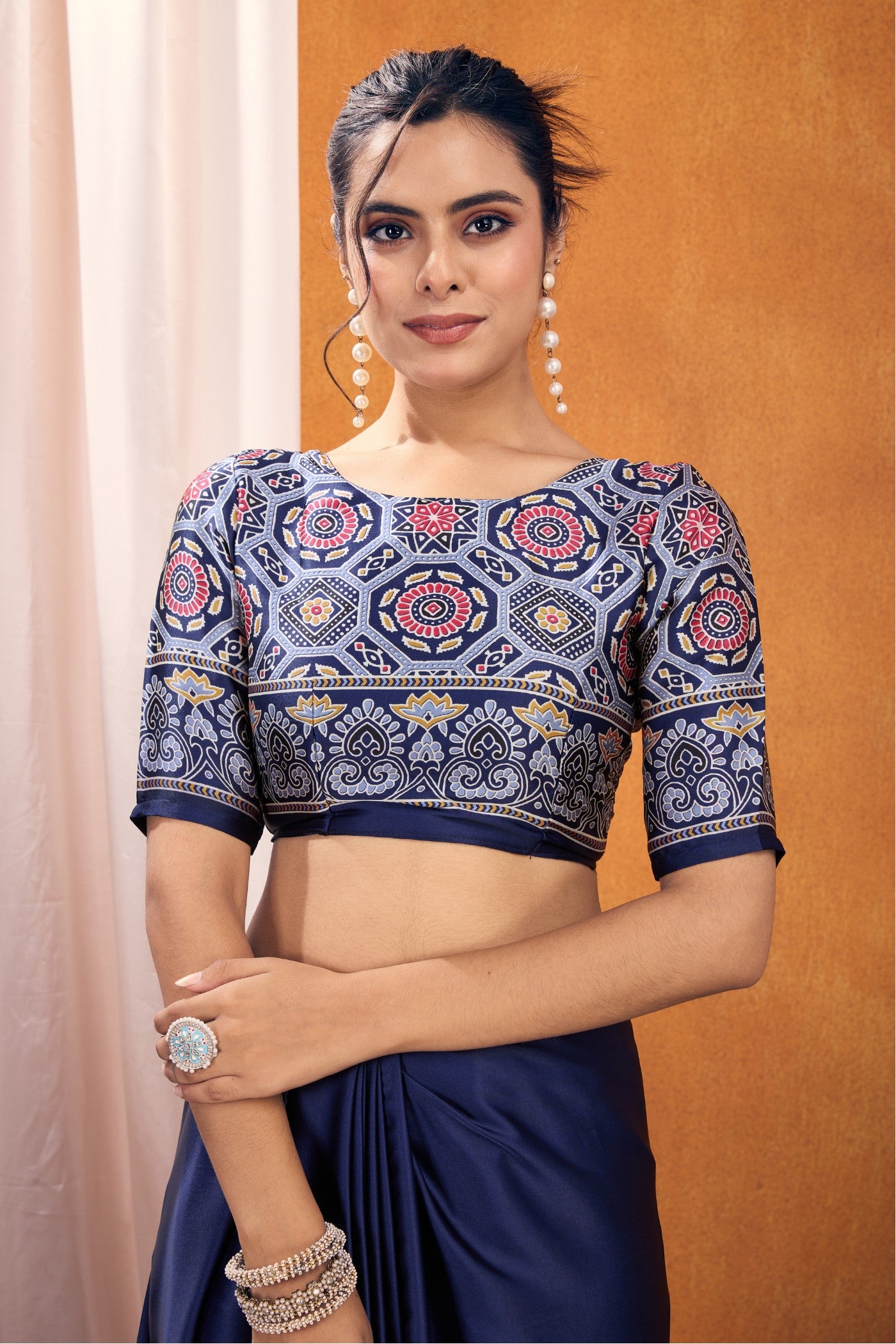 Buy MySilkLove Bluebells Ajrakh Printed Satin Crepe Silk Saree Online