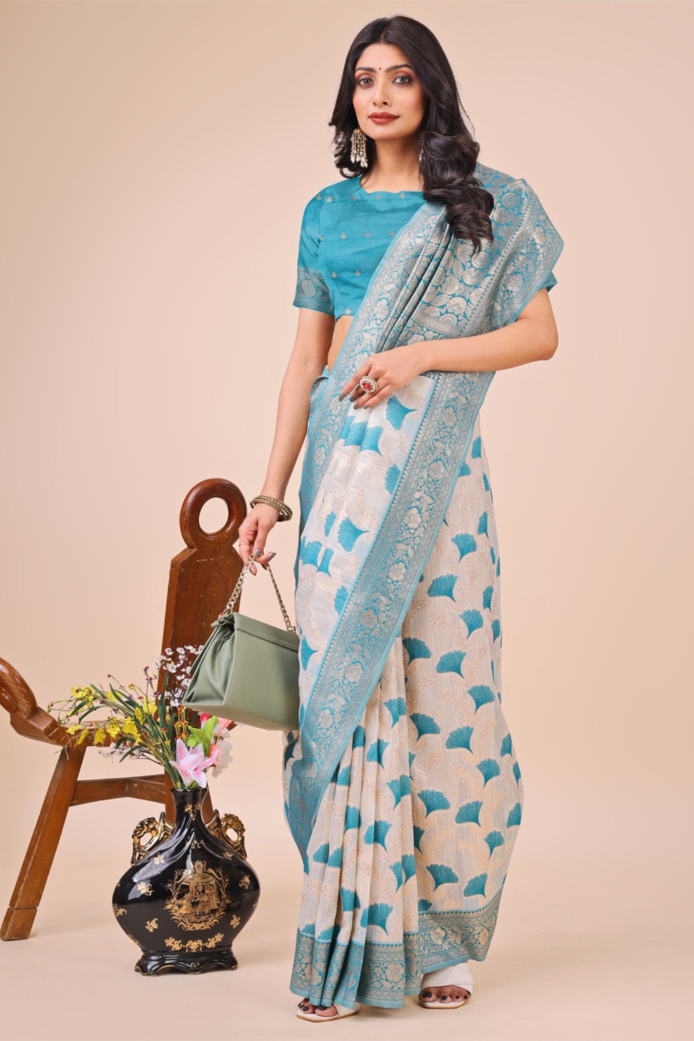 Buy MySilkLove Rice White and Blue Linen Cotton Saree Online