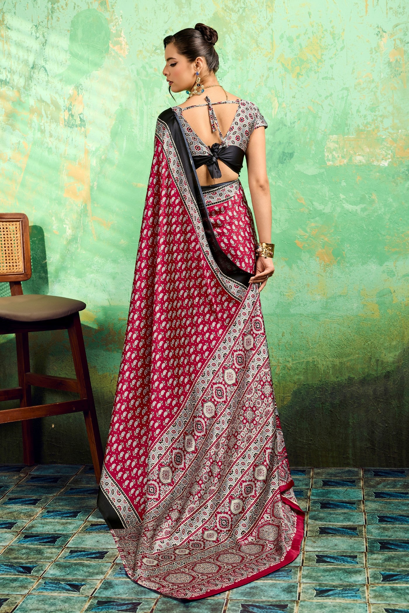 Buy MySilkLove Batorange Red Modal Ajrakh Satin Printed Silk Saree Online
