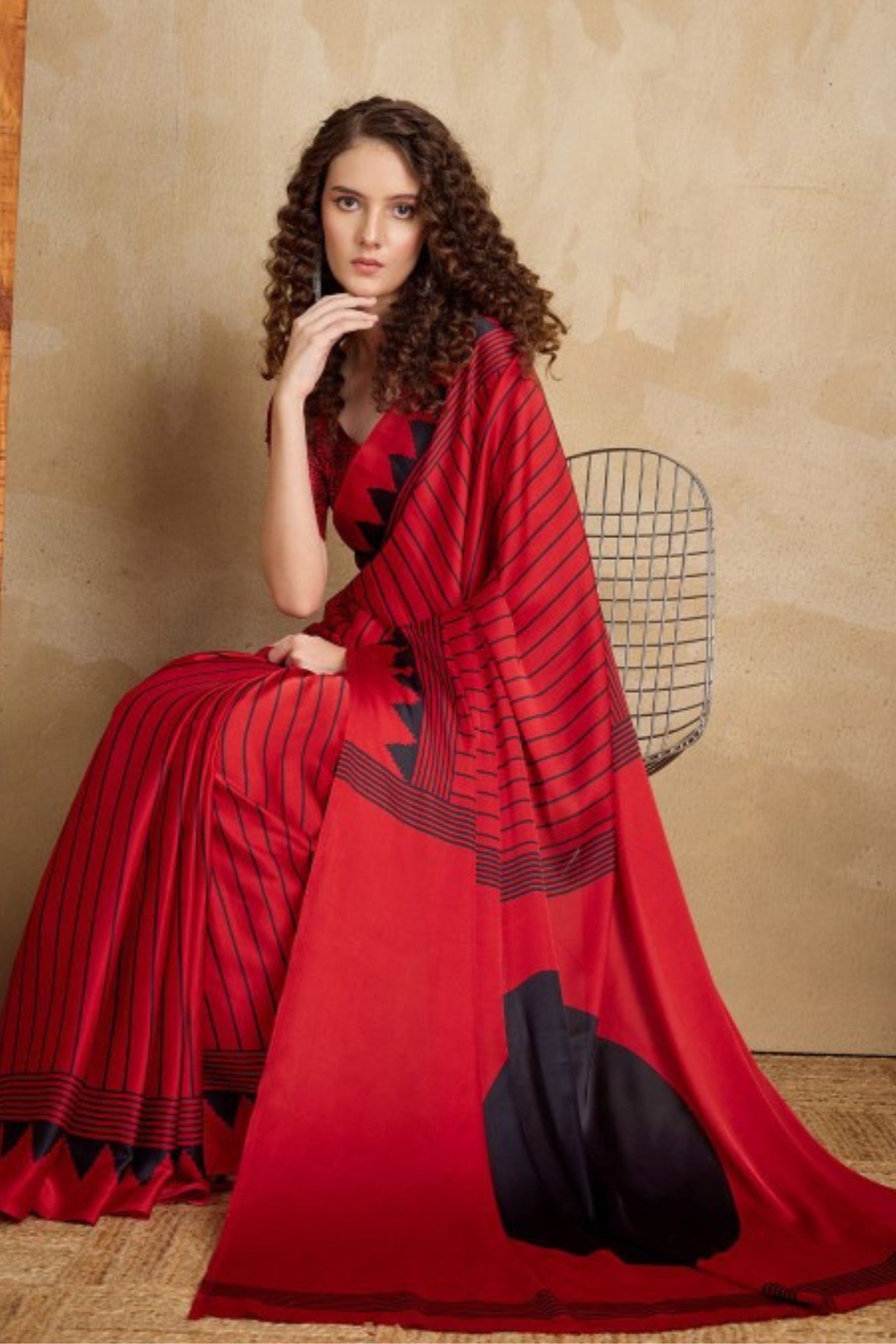 Buy MySilkLove Pomegranate Red Ajrakh Printed Satin Crepe Silk Saree Online