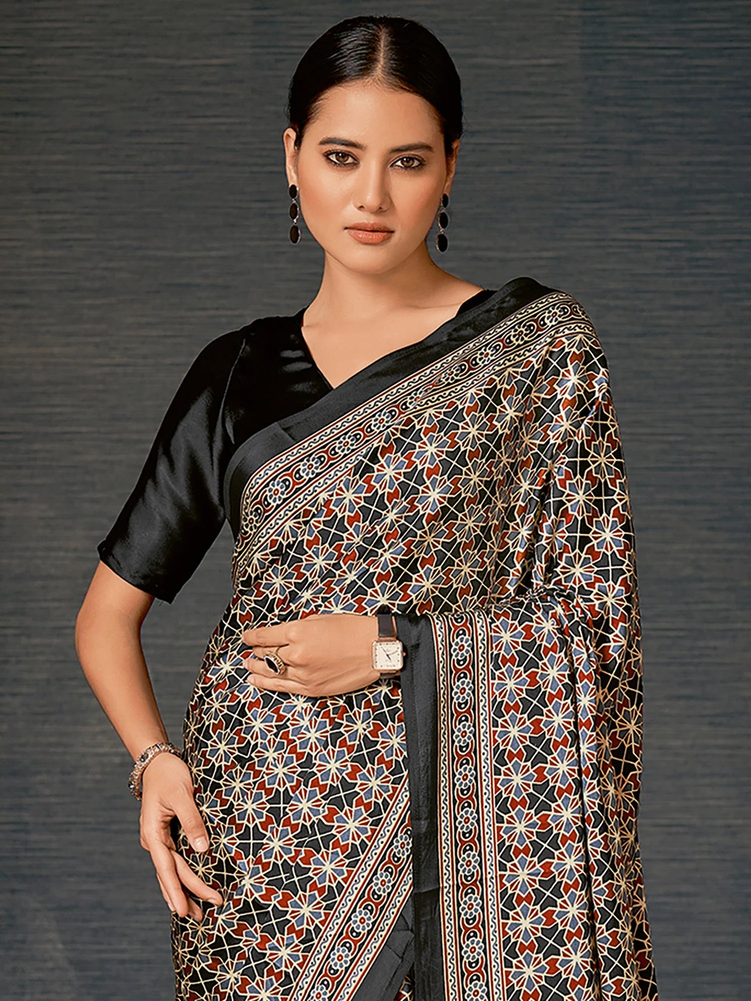 Buy MySilkLove Mine Shaft Black Digital Printed Ajrakh Satin Crepe Saree Online
