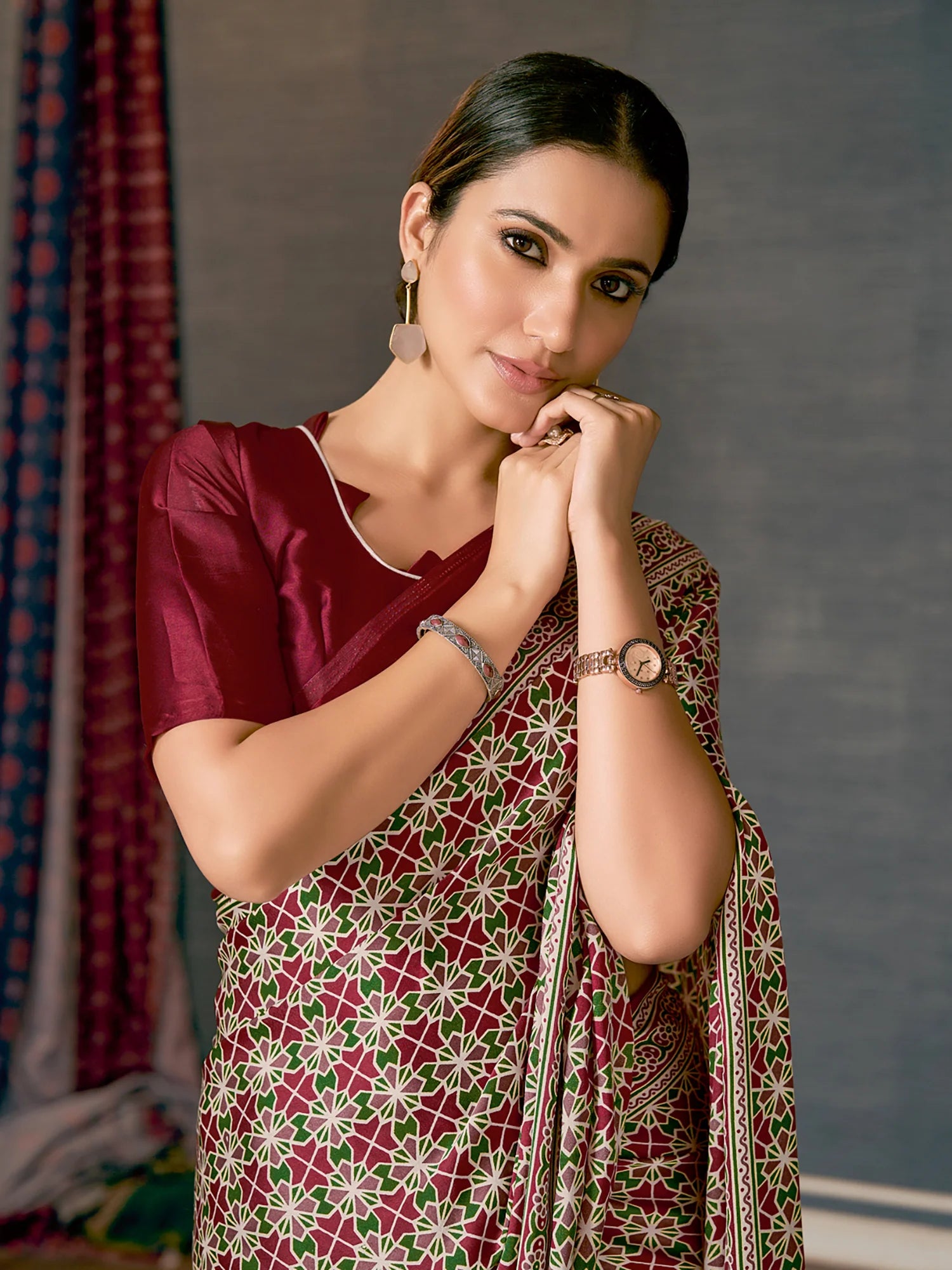 Buy MySilkLove Dark Tan Maroon Digital Printed Ajrakh Satin Crepe Saree Online