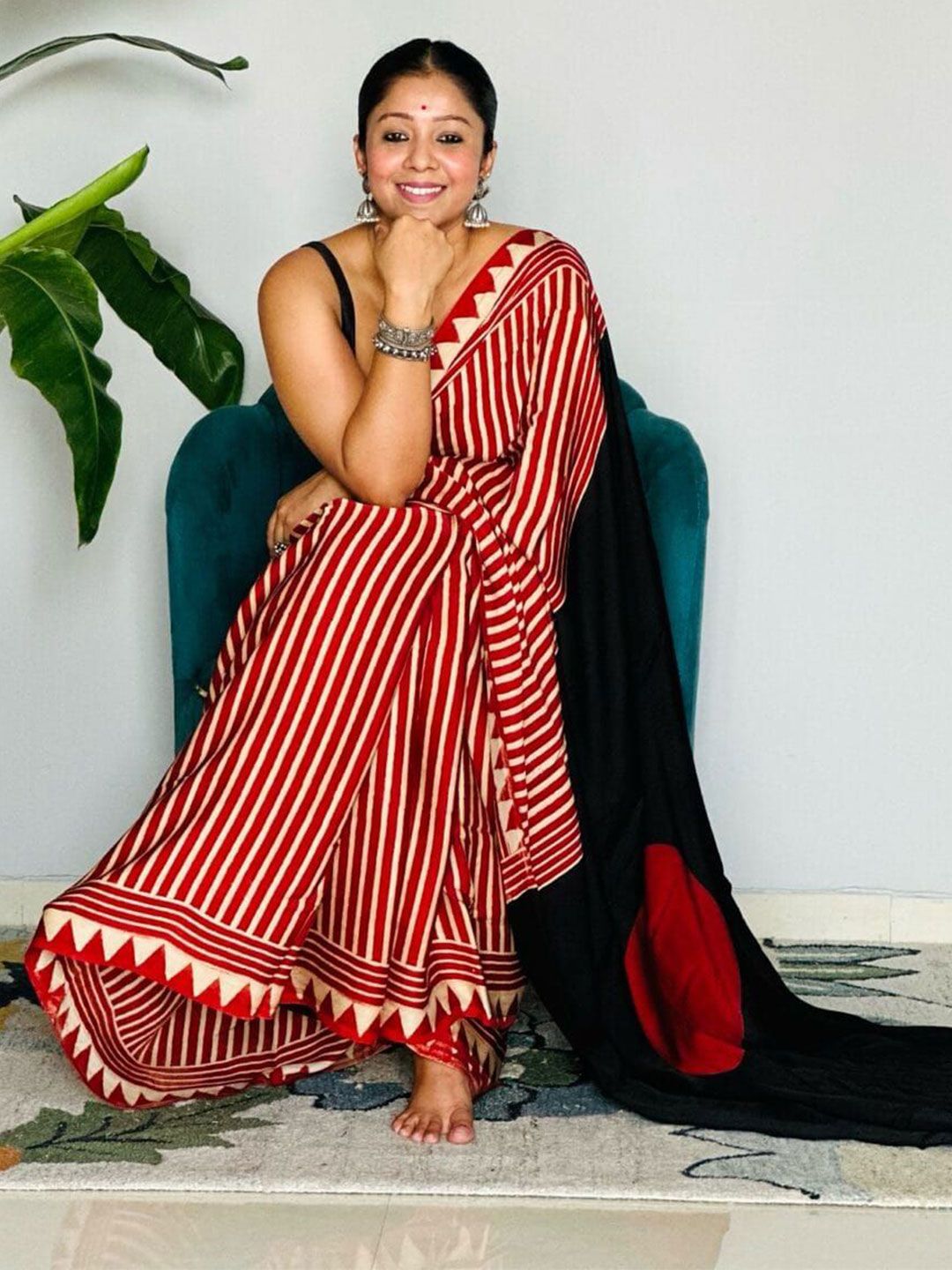 Buy MySilkLove Candy Red Stripes Ajrakh Printed Satin Crepe Silk Saree Online