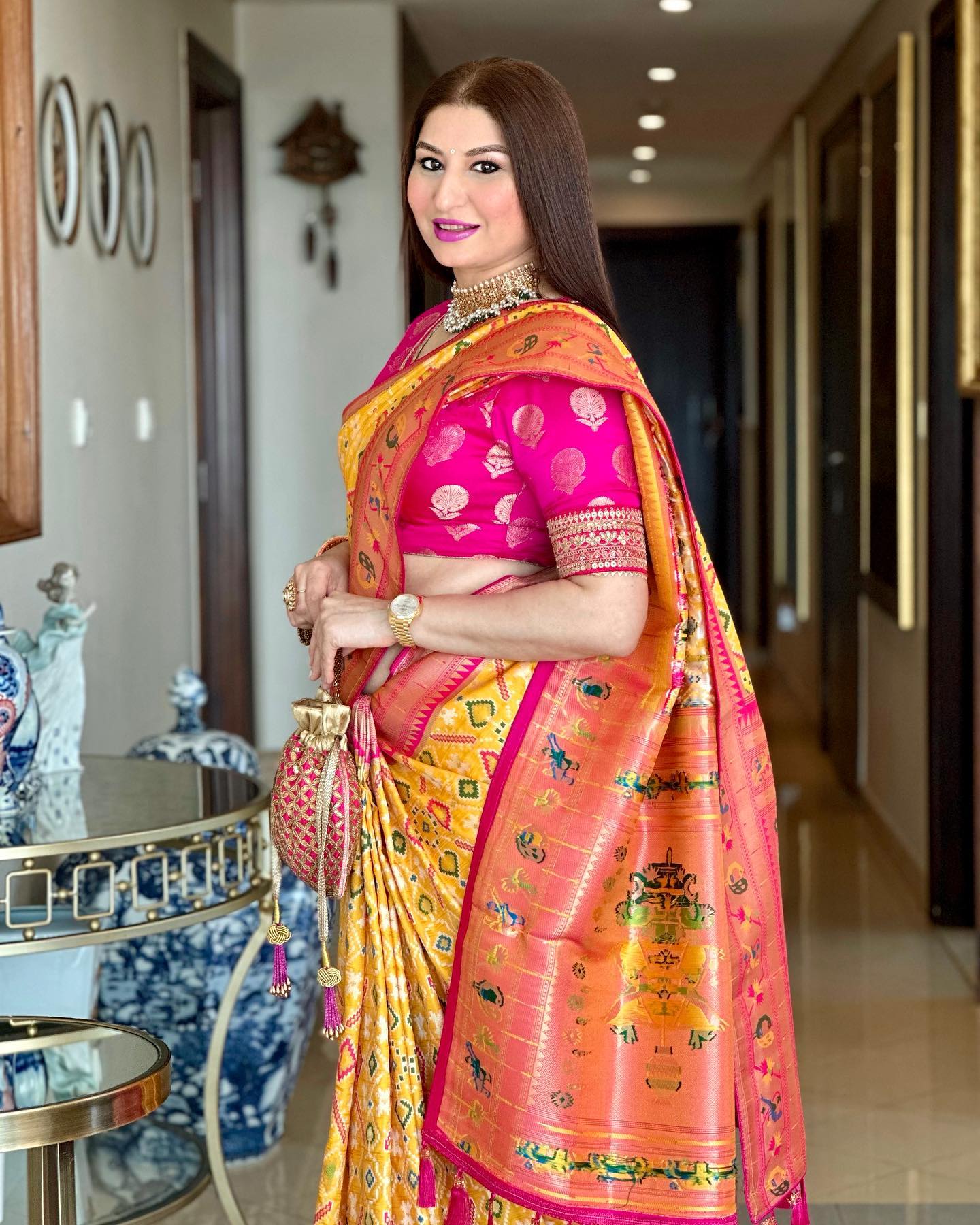 Buy MySilkLove Daisy Yellow and Pink Paithani Patola Fusion Silk Saree Online
