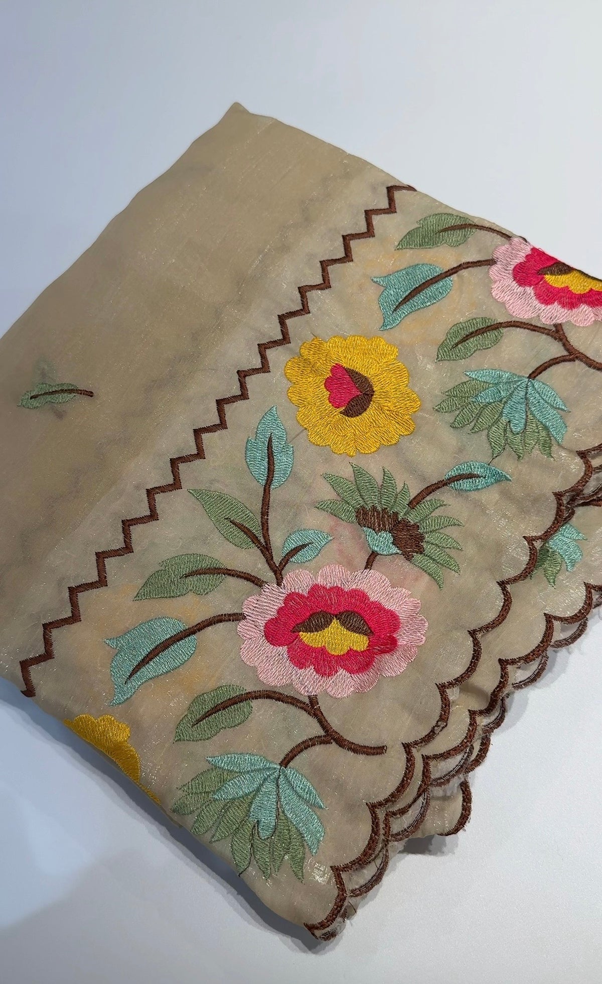 Buy MySilkLove Cornsilk Yellow Floral Embroidery Crunchy Chiffon Saree Online