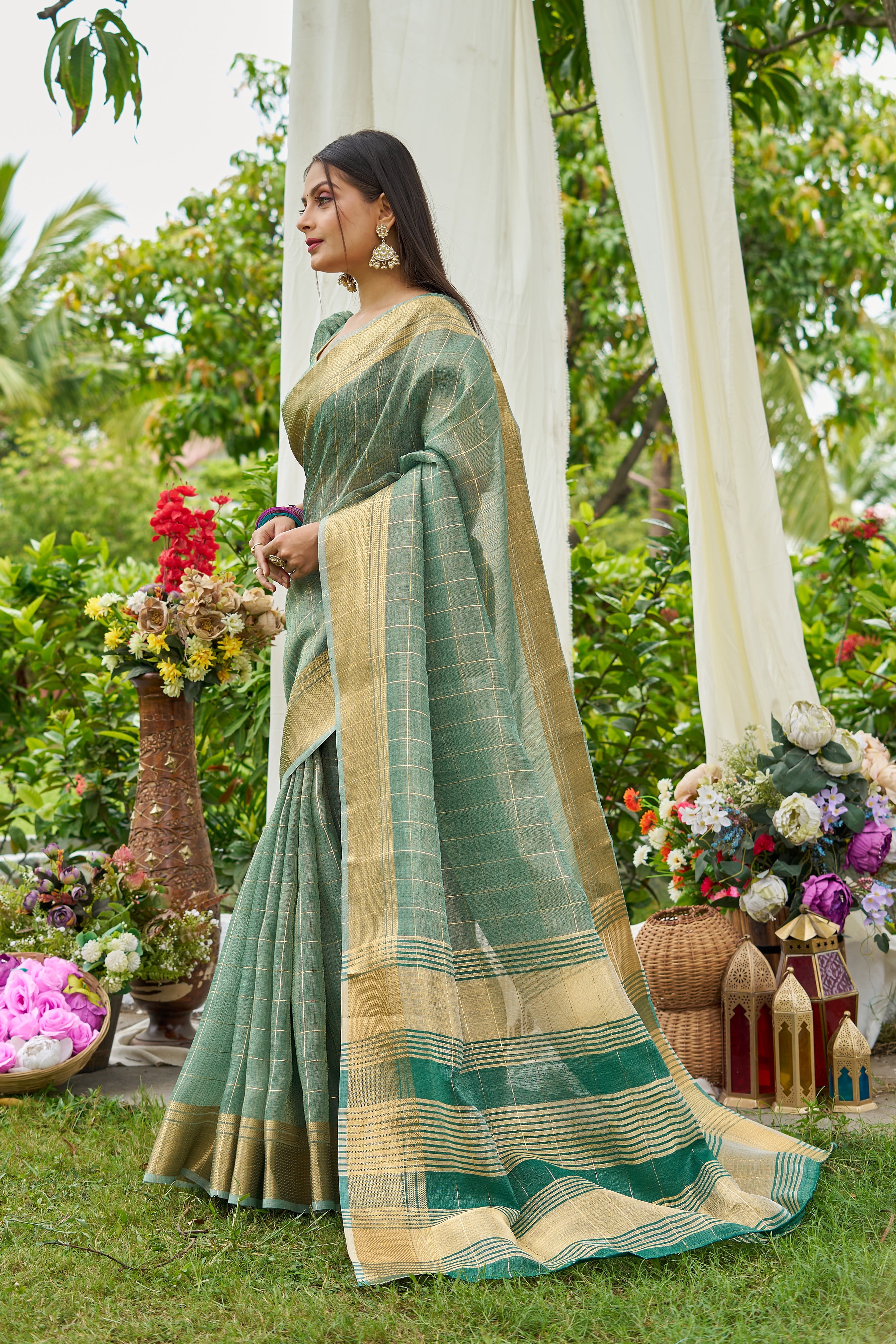 Buy MySilkLove Fern Green Tissue Woven Saree Online