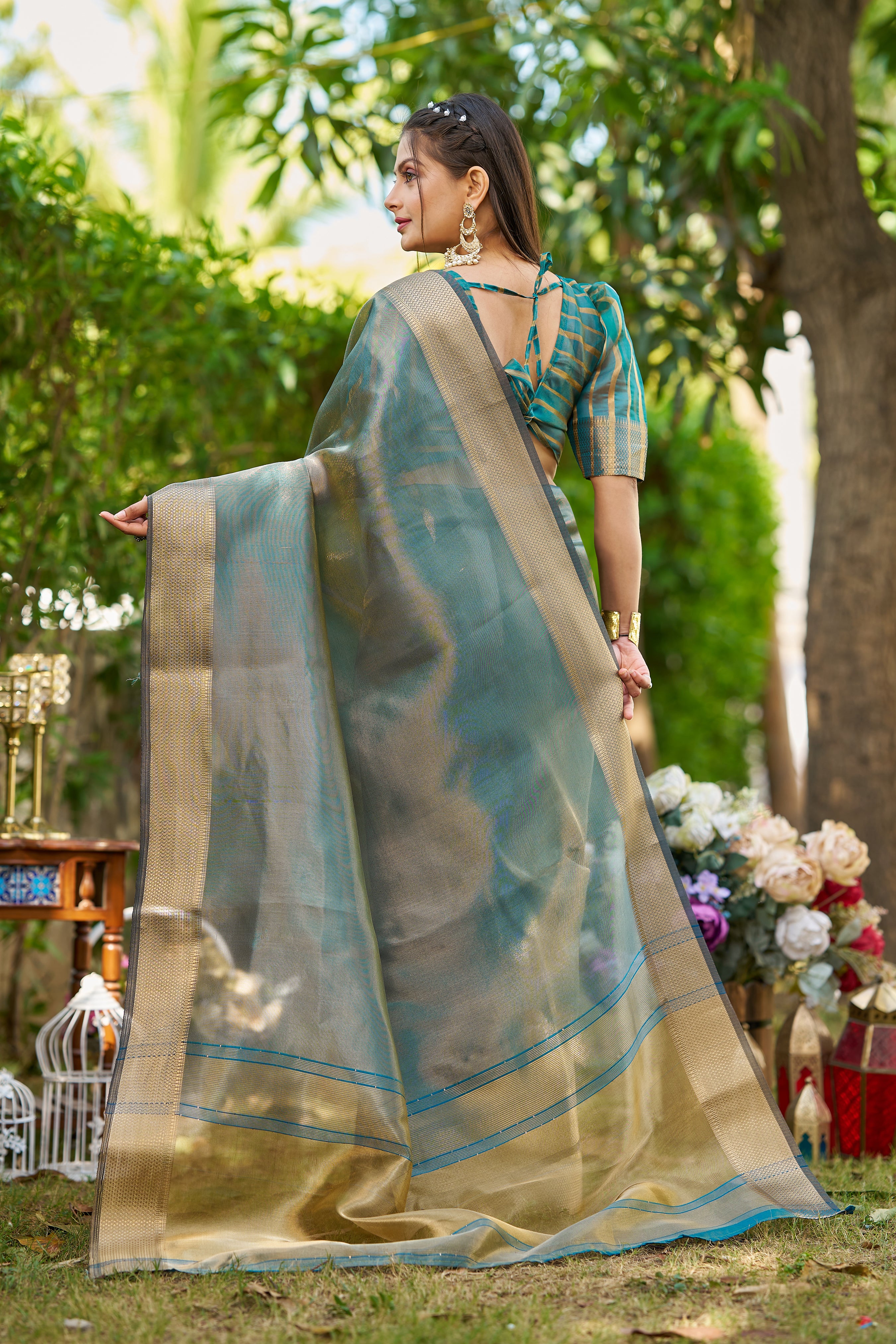 Buy MySilkLove Swim Green Tissue Woven Saree Online