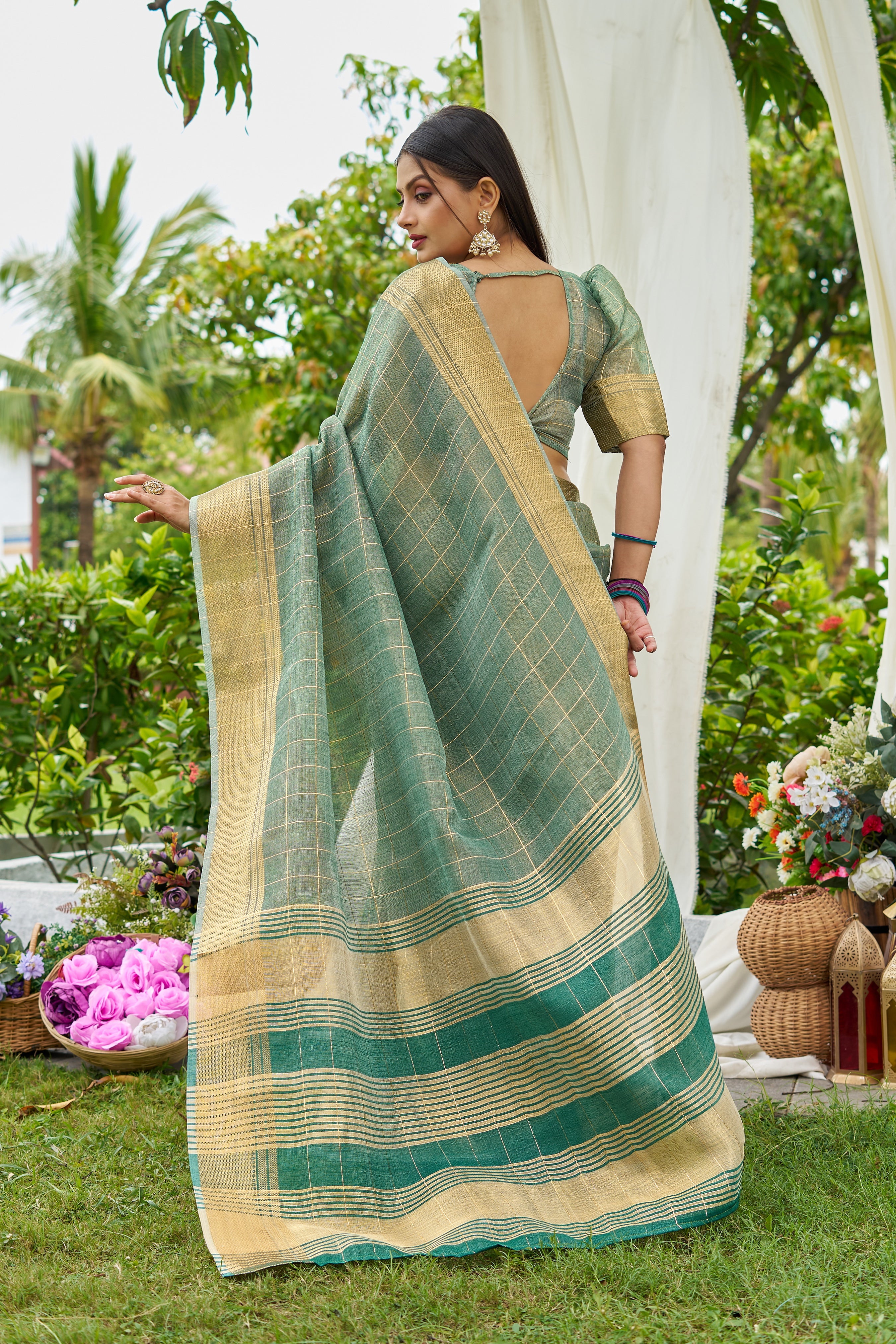 Buy MySilkLove Fern Green Tissue Woven Saree Online