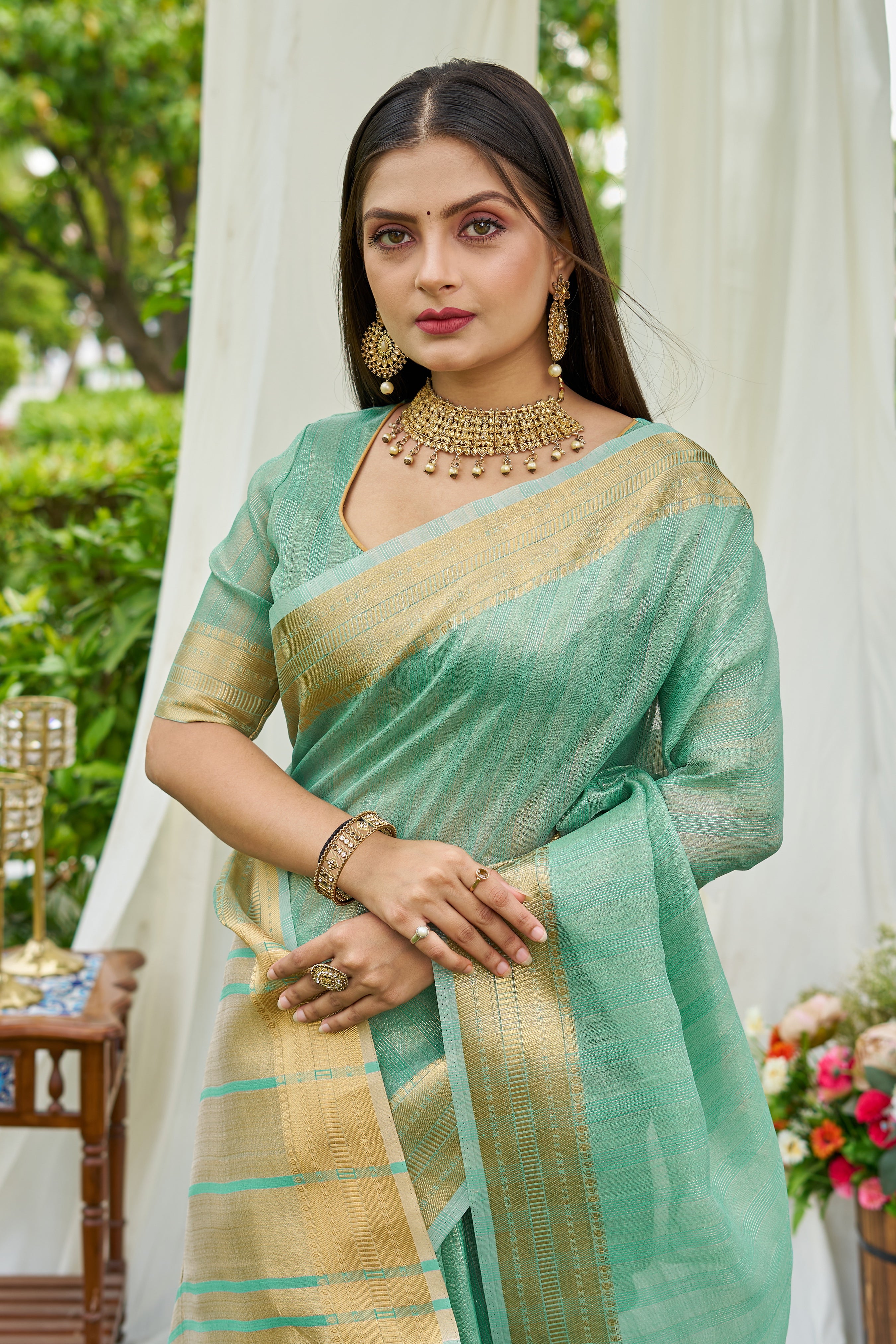 Buy MySilkLove Lincoln Green Woven Tissue Saree Online