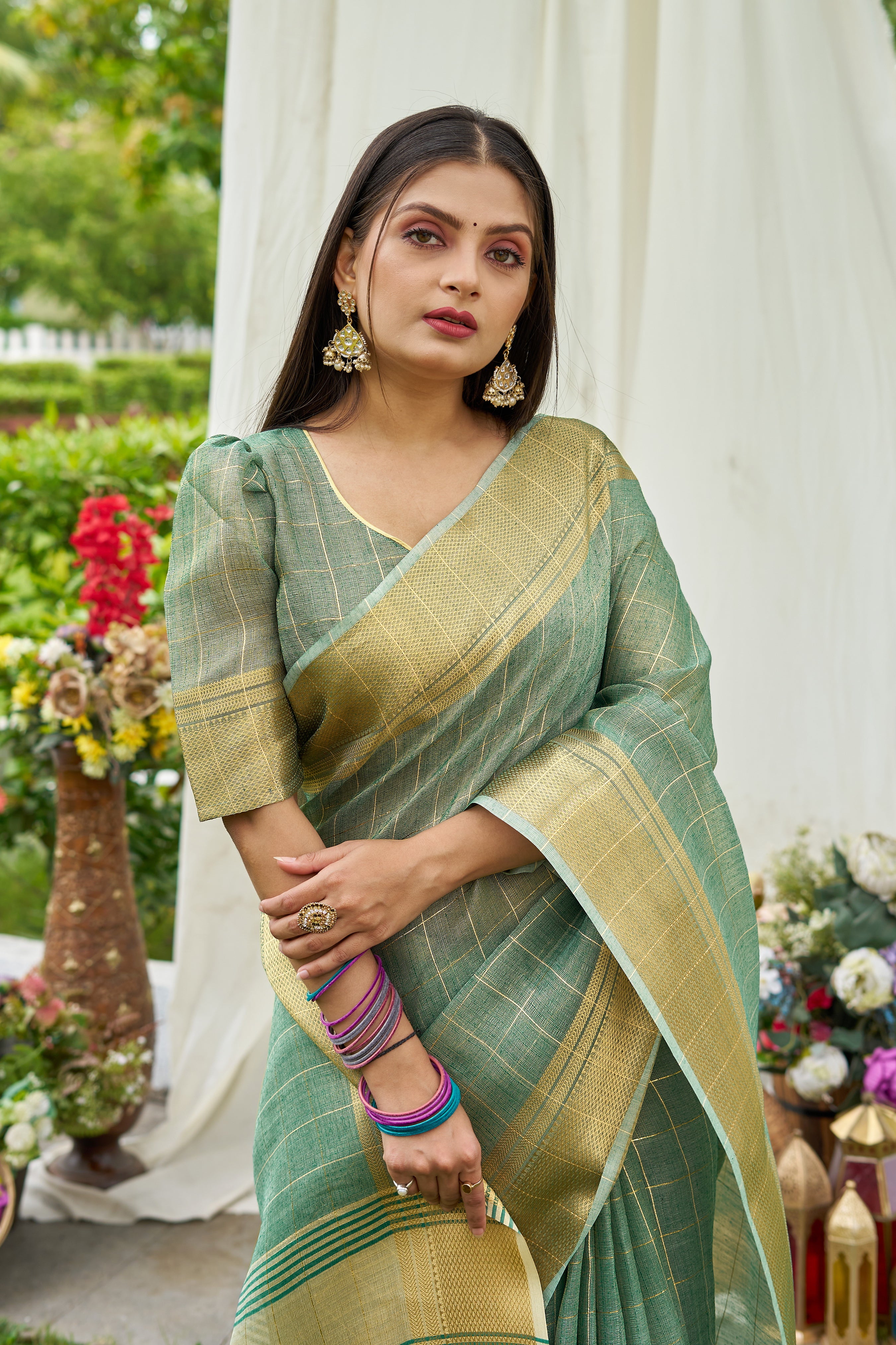 Buy MySilkLove Fern Green Tissue Woven Saree Online