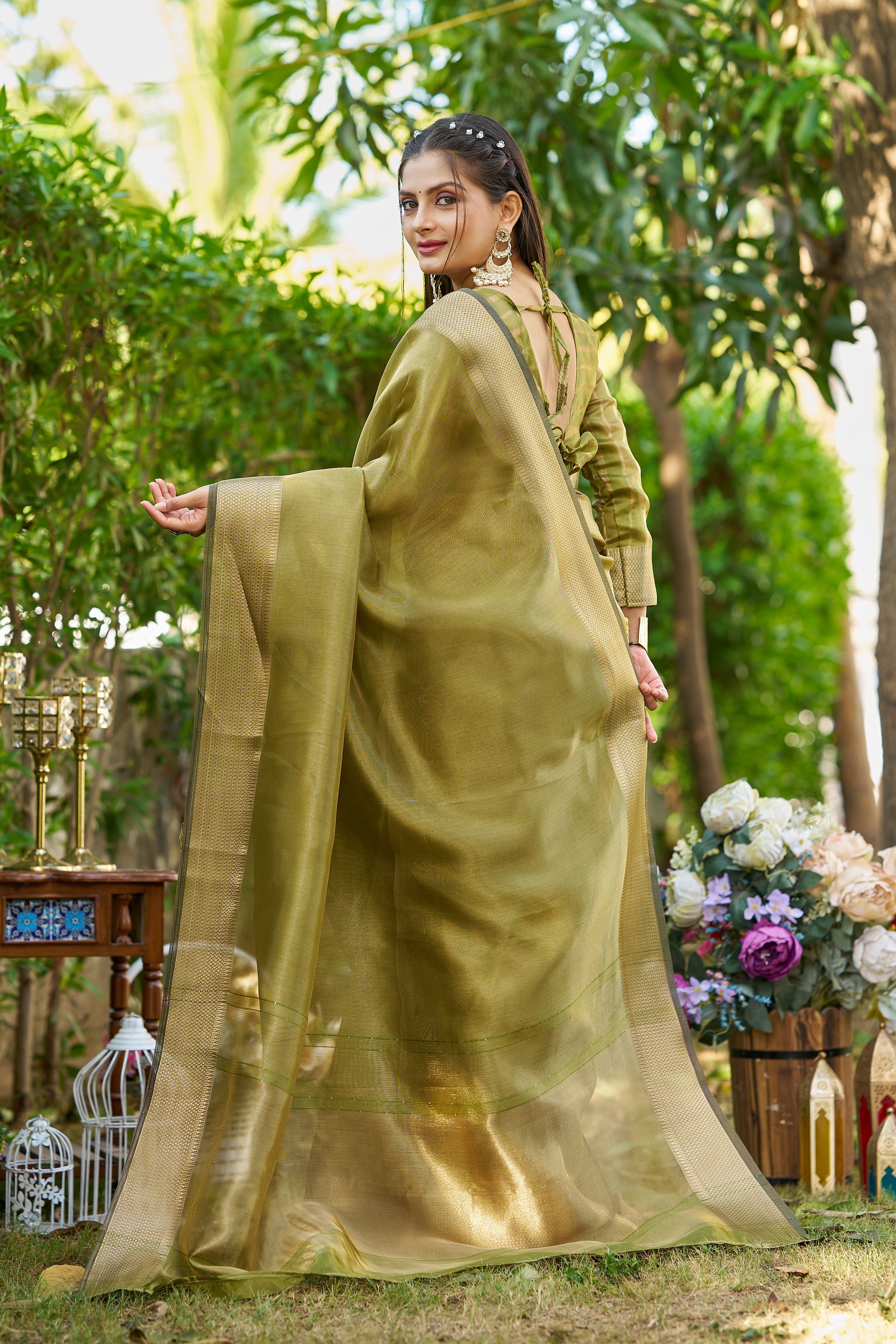 Buy MySilkLove Nature Green Tissue Woven Saree Online