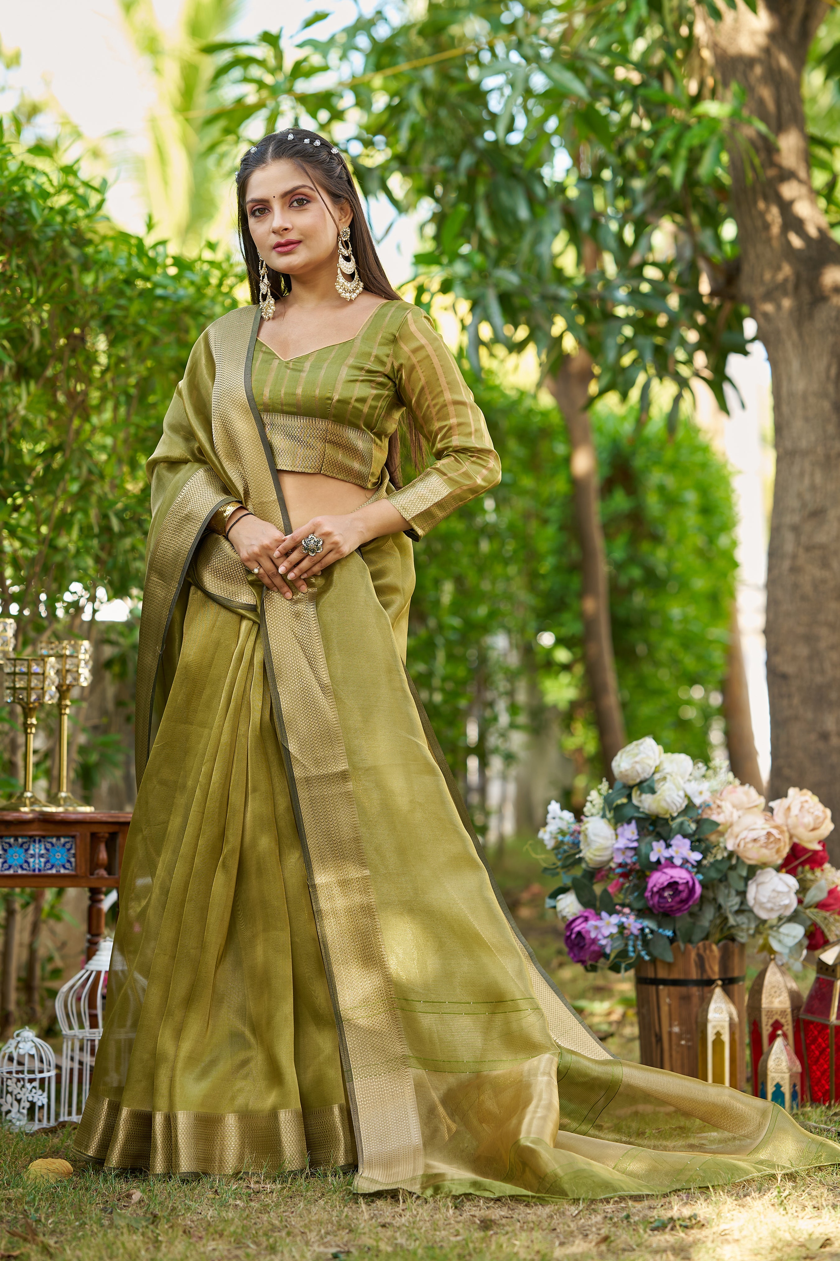Buy MySilkLove Nature Green Tissue Woven Saree Online