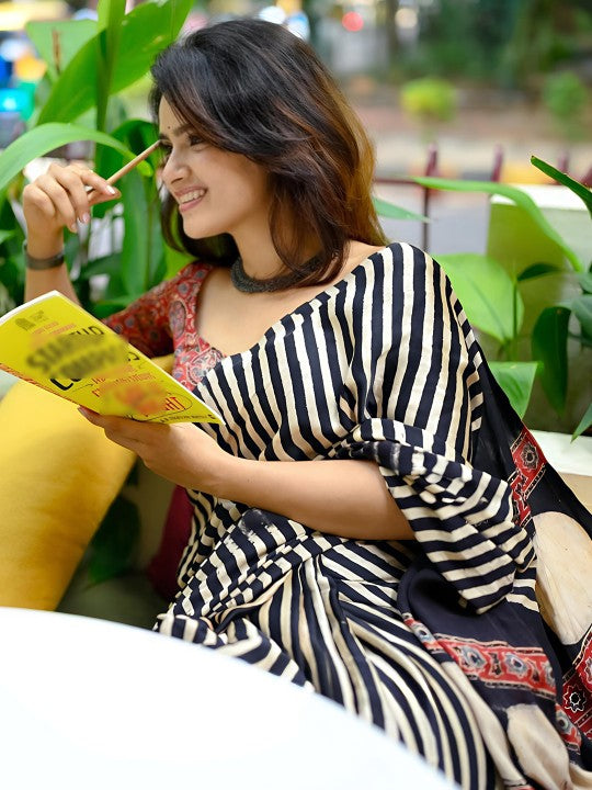 Buy MySilkLove Iridiun Black and White Stripes Ajrakh Printed Satin Crepe Silk Saree Online