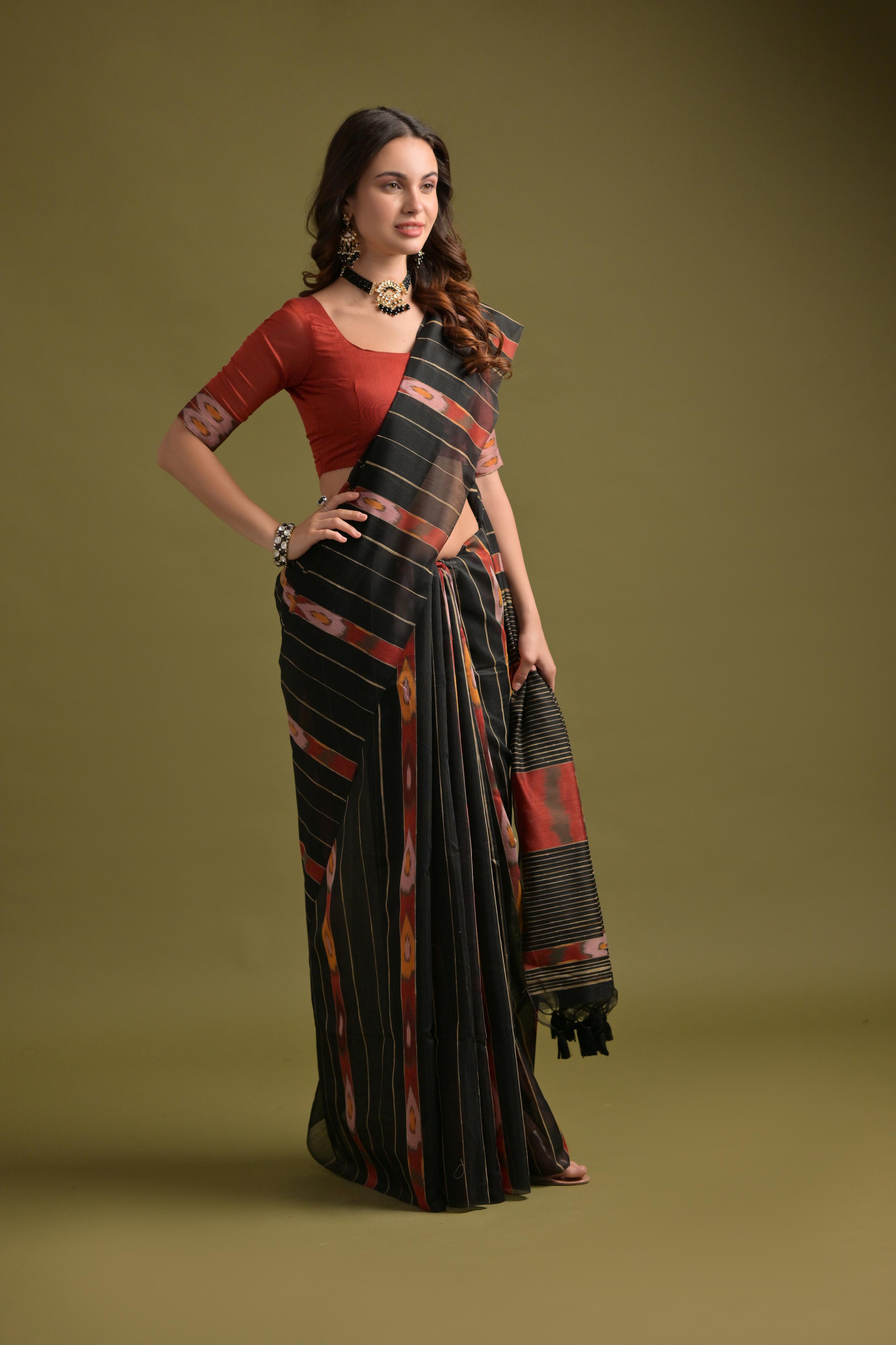 Buy MySilkLove Sable Black Soft Ikkat Cotton Woven Saree Online