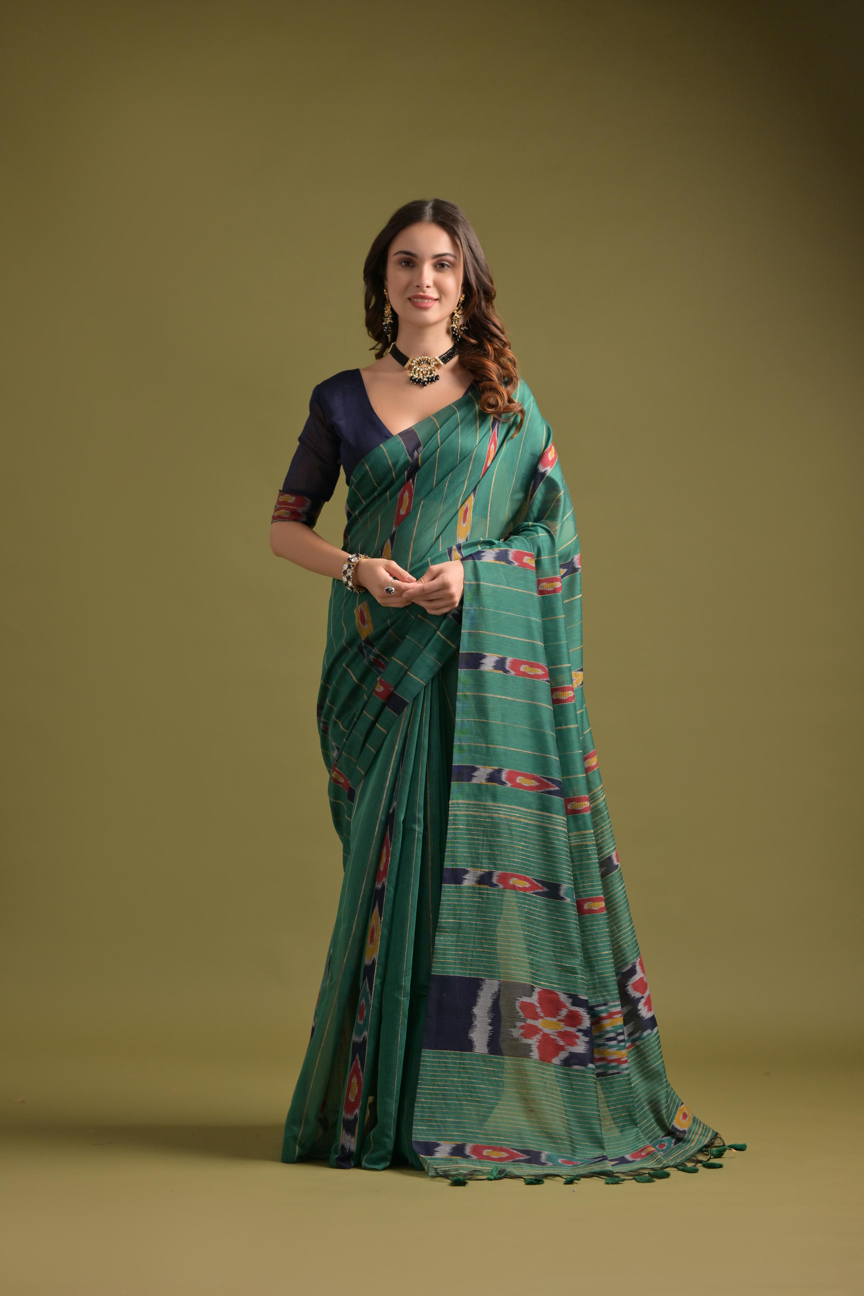 Buy MySilkLove Lunar Green Soft Ikkat Cotton Woven Saree Online