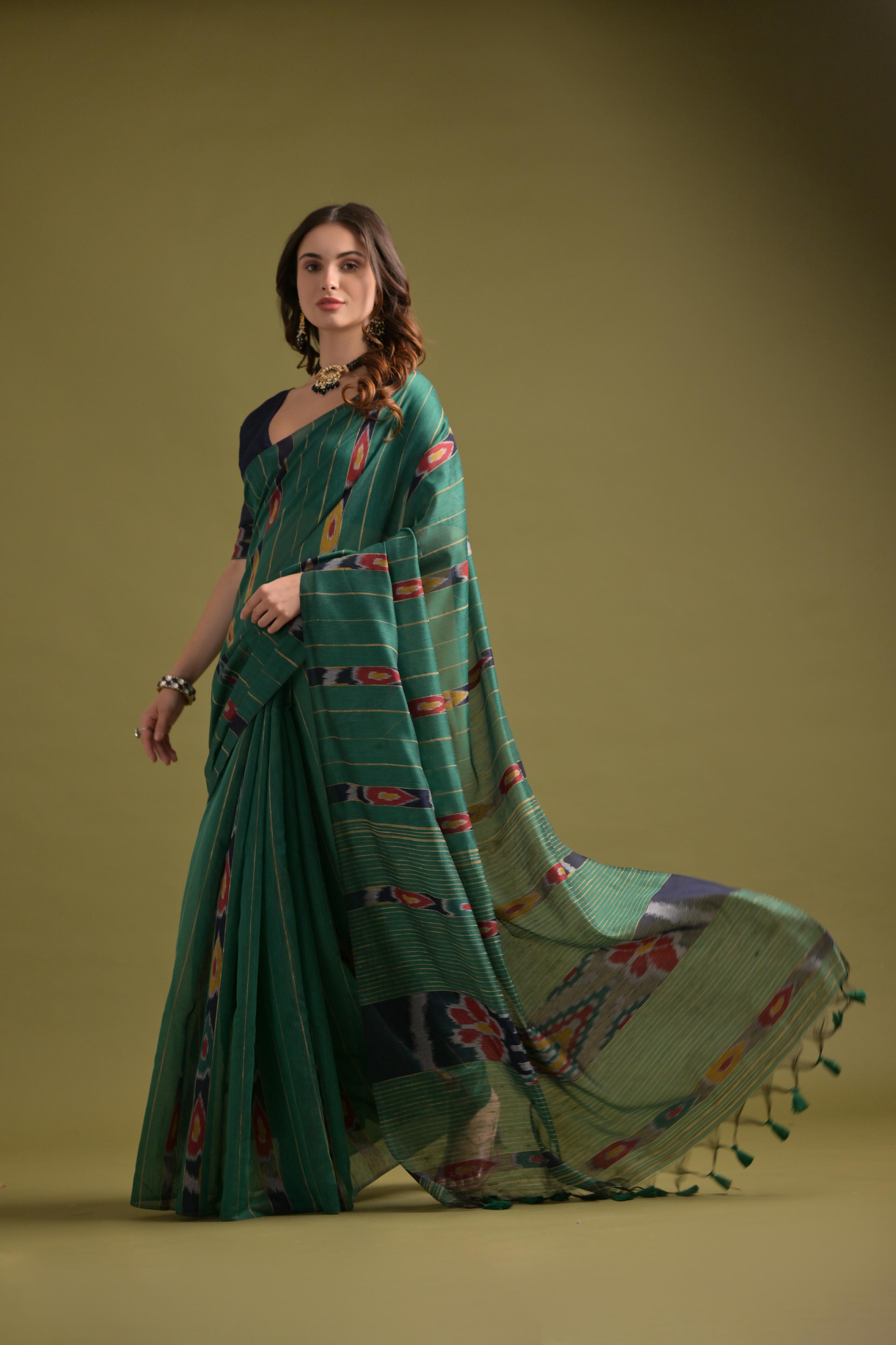 Buy MySilkLove Lunar Green Soft Ikkat Cotton Woven Saree Online
