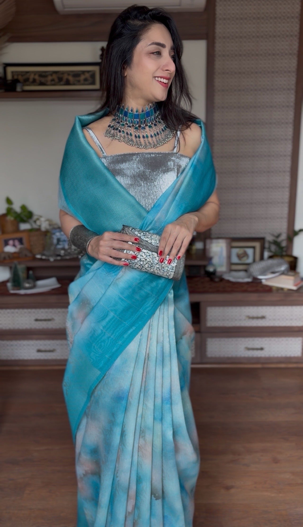 Buy MySilkLove Topaz Blue Banarasi Handloom Saree Online