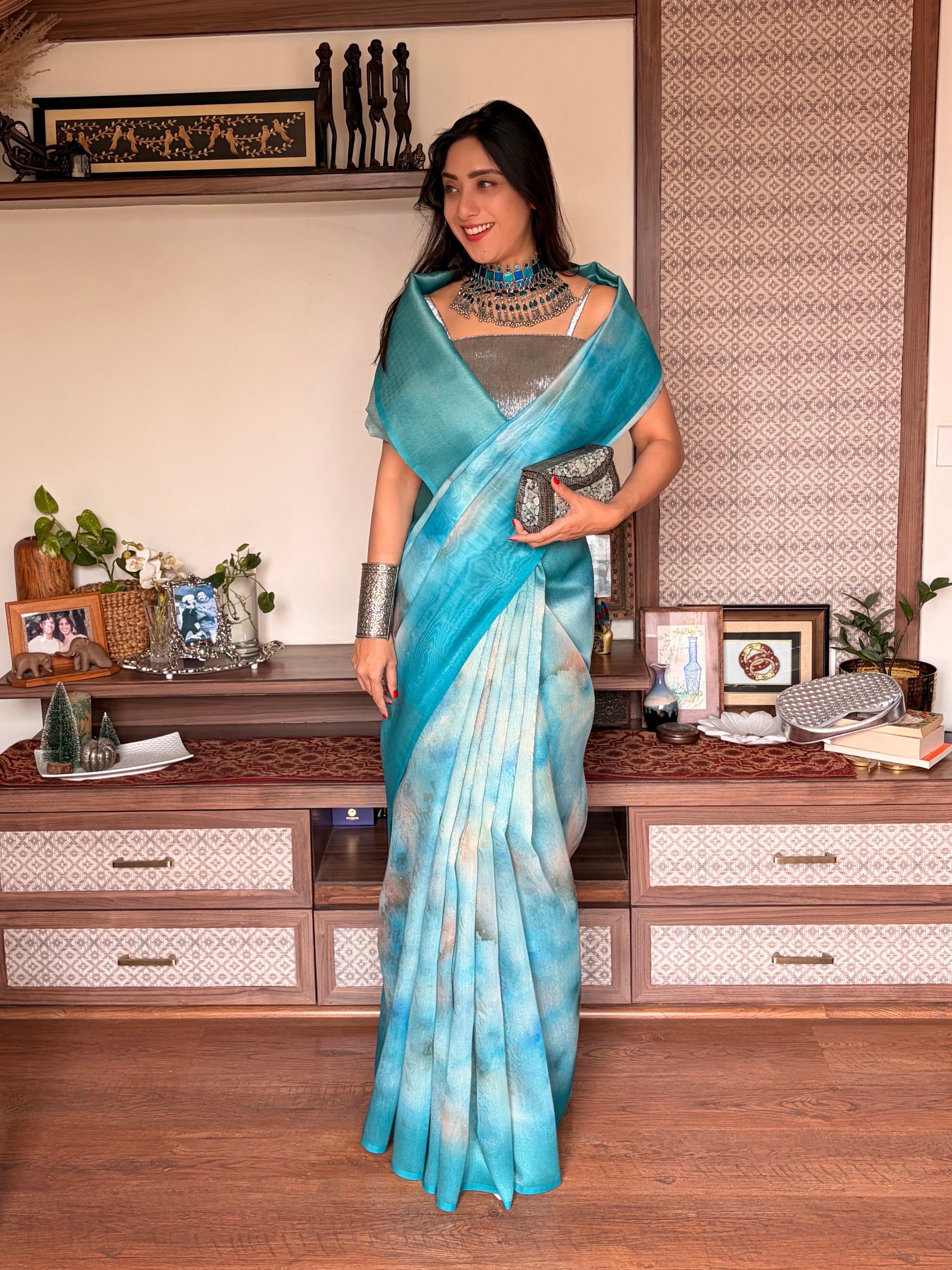 Buy MySilkLove Topaz Blue Banarasi Handloom Saree Online