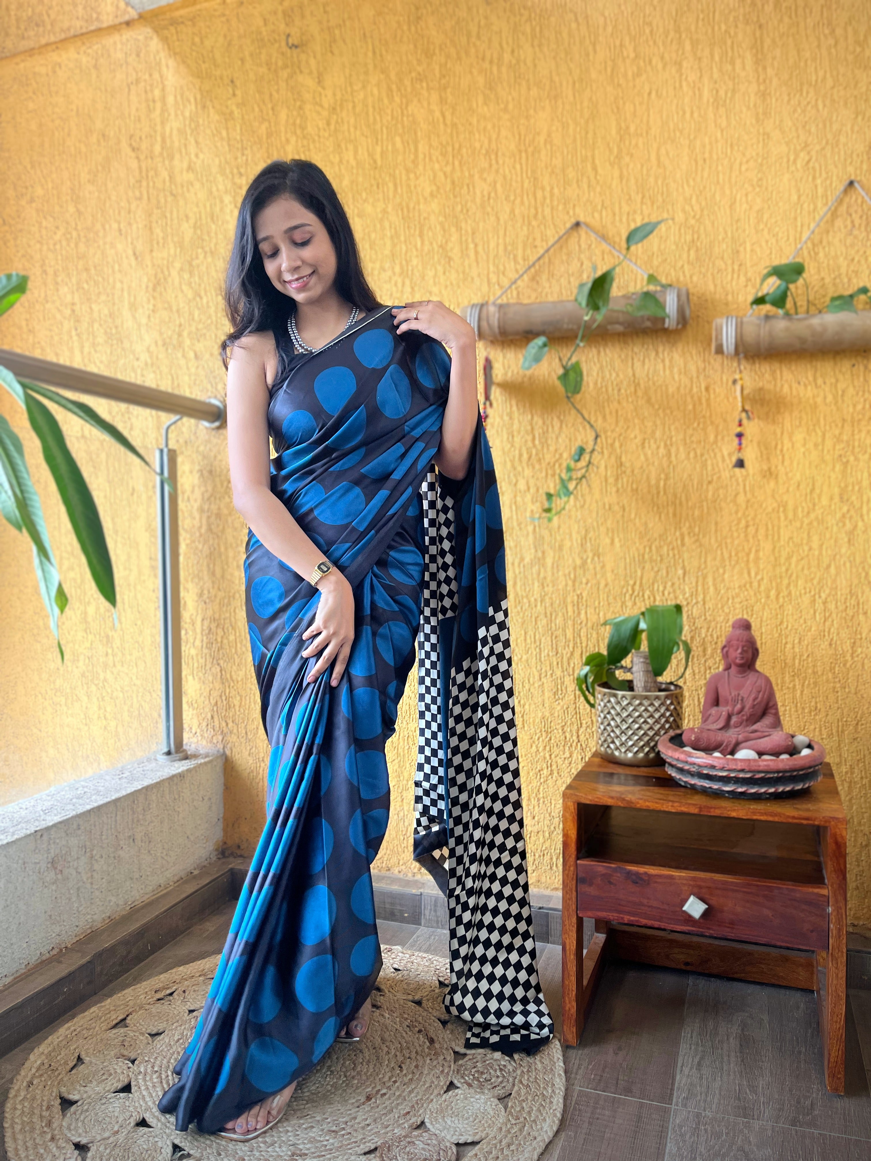 Buy MySilkLove Casper Blue and Black Printed Polka Dots Satin Saree Online
