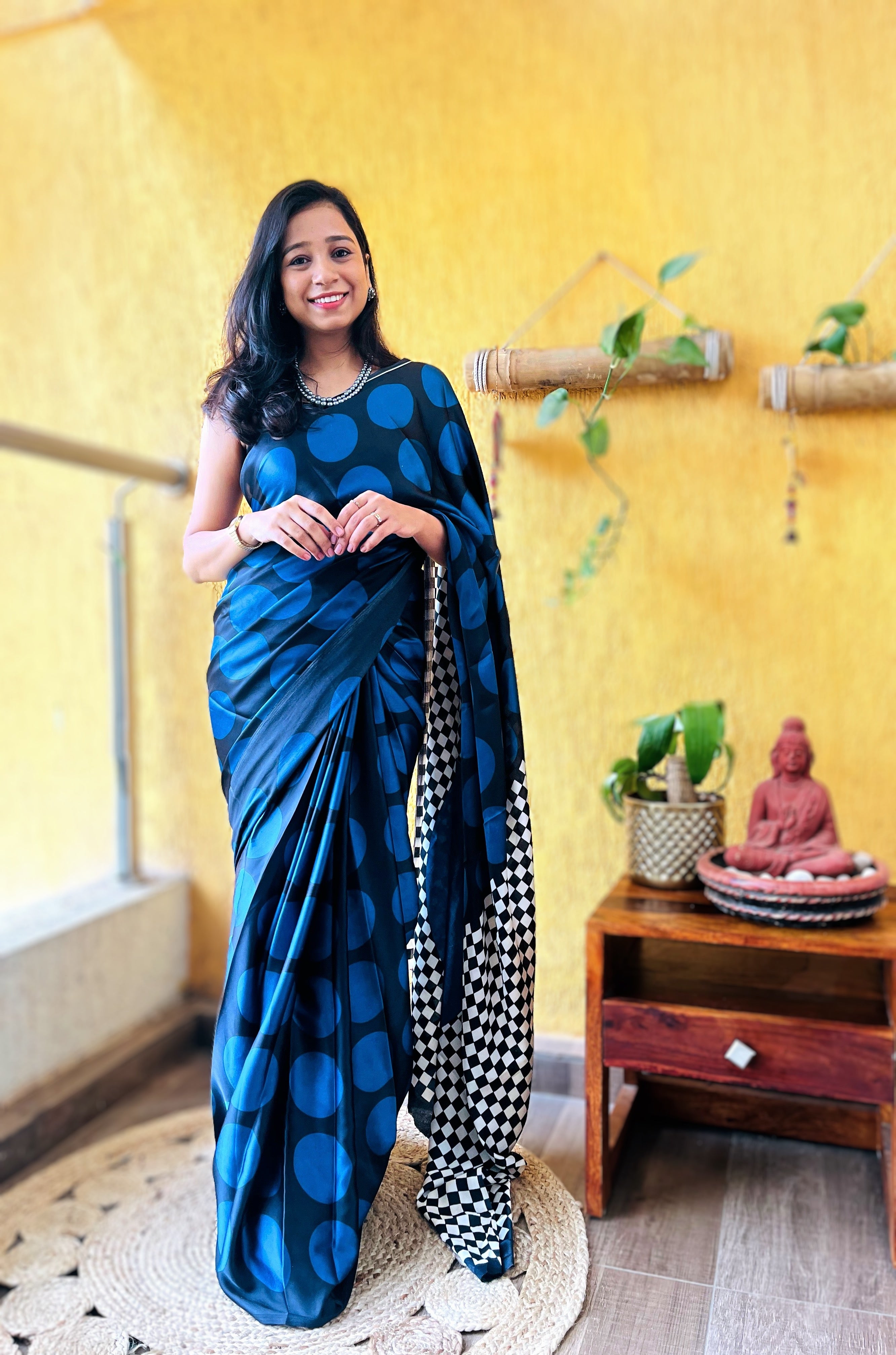Buy MySilkLove Casper Blue and Black Printed Polka Dots Satin Saree Online