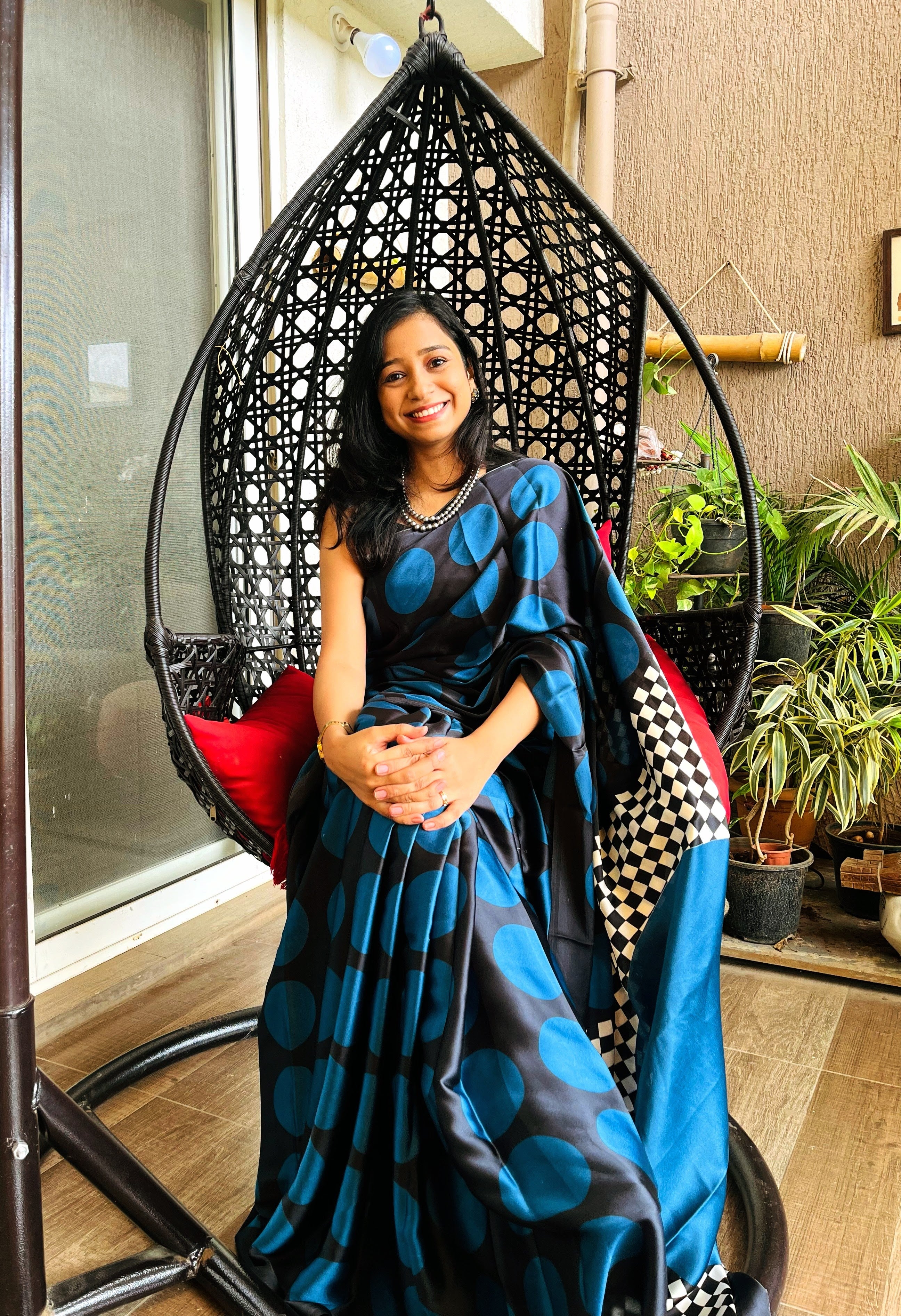 Buy MySilkLove Casper Blue and Black Printed Polka Dots Satin Saree Online