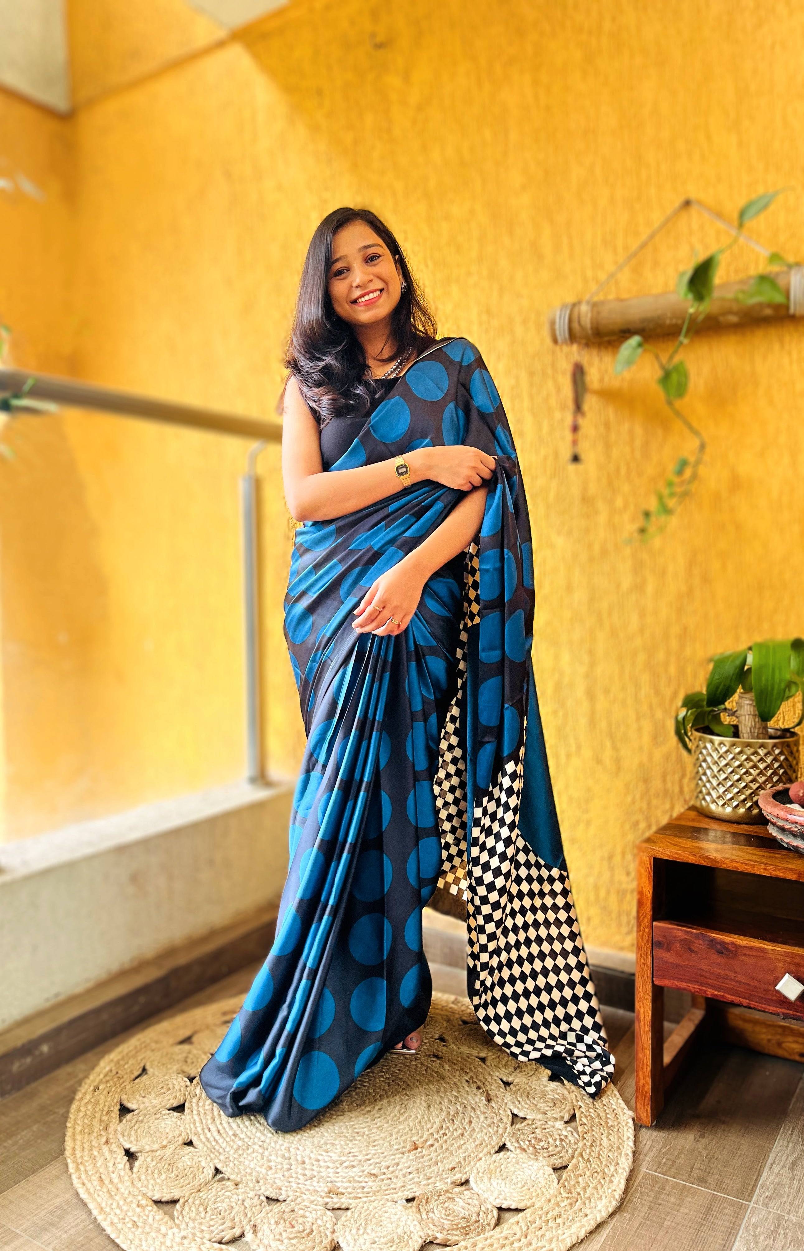 Buy MySilkLove Casper Blue and Black Printed Polka Dots Satin Saree Online