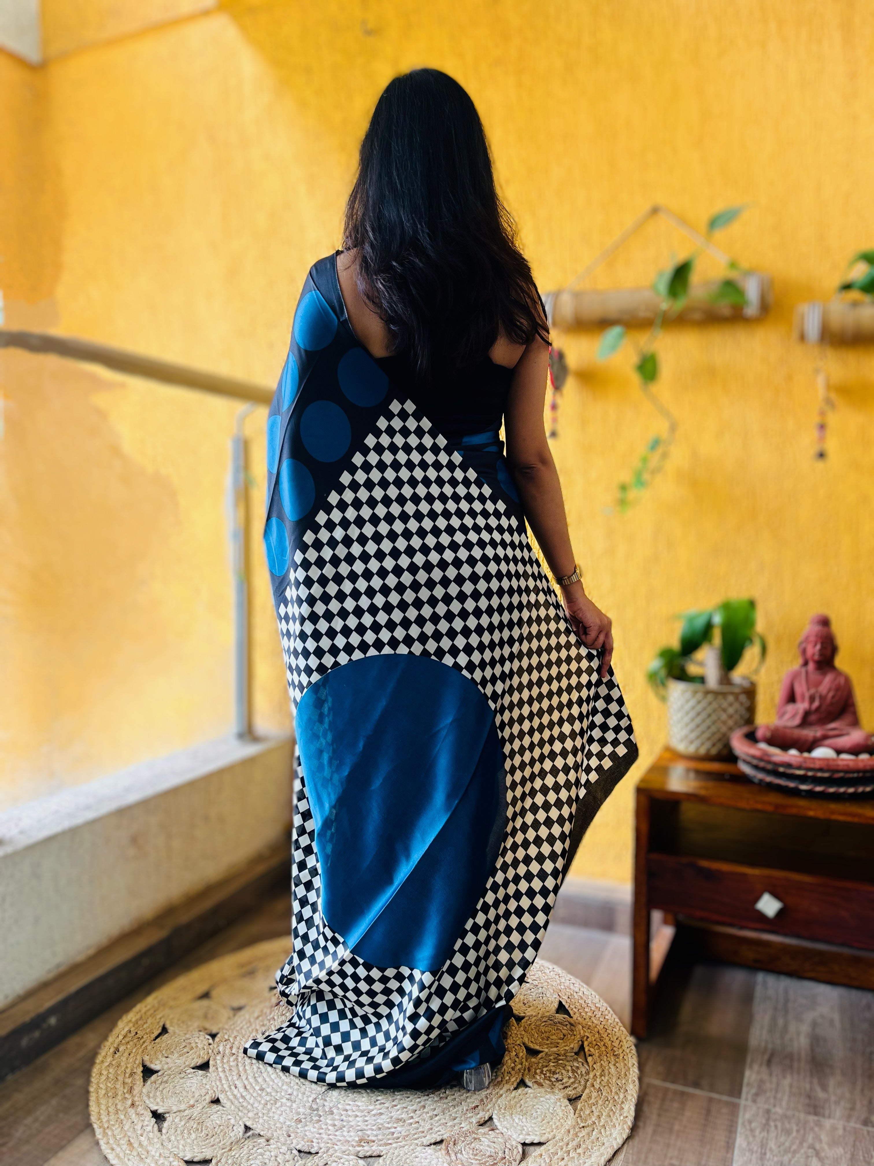 Buy MySilkLove Casper Blue and Black Printed Polka Dots Satin Saree Online