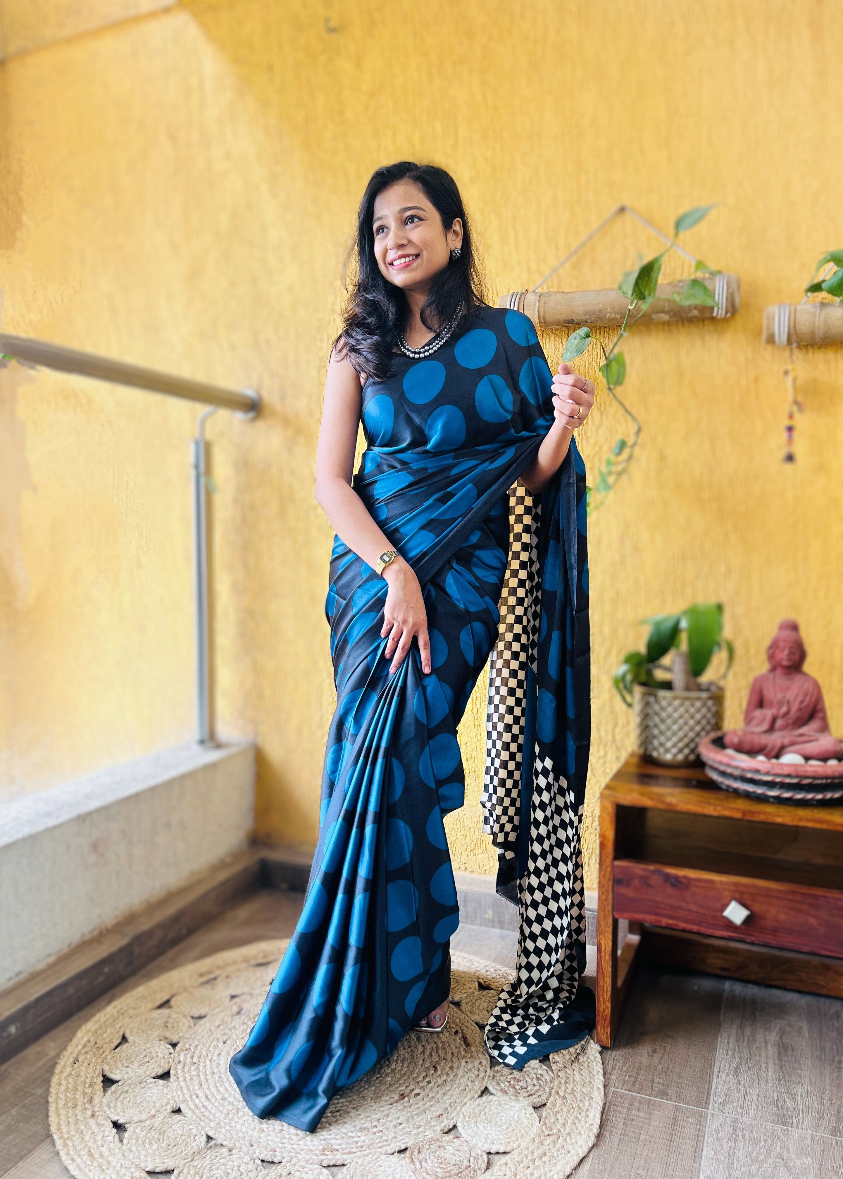Buy MySilkLove Casper Blue and Black Printed Polka Dots Satin Saree Online