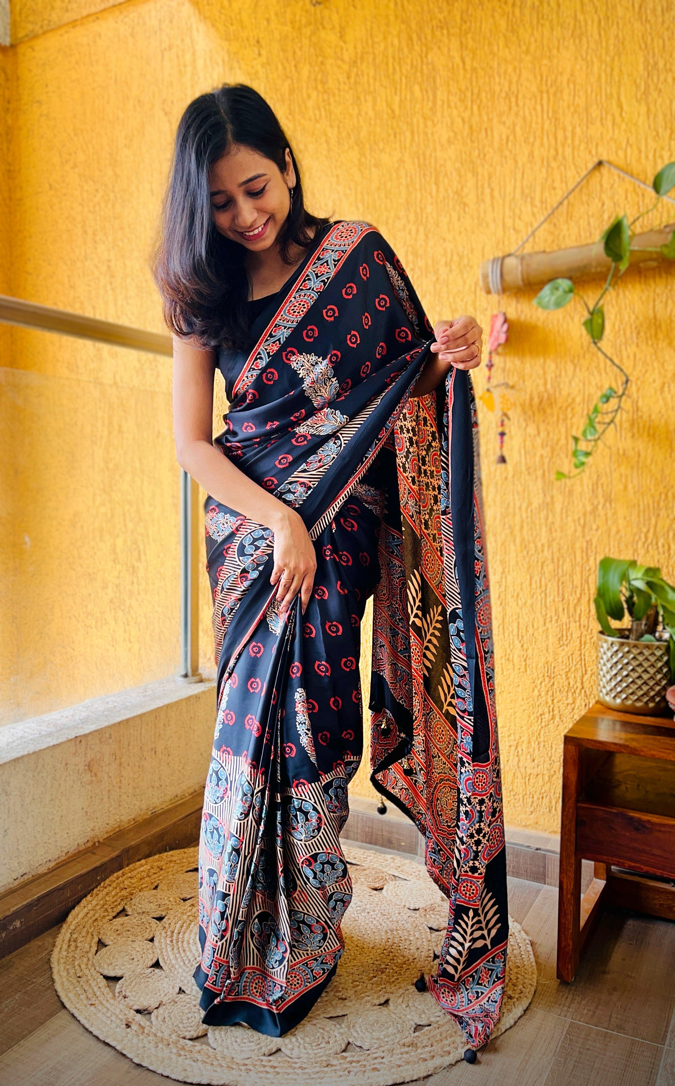 Buy MySilkLove Panther Black Ajrakh Printed Satin Silk Saree Online