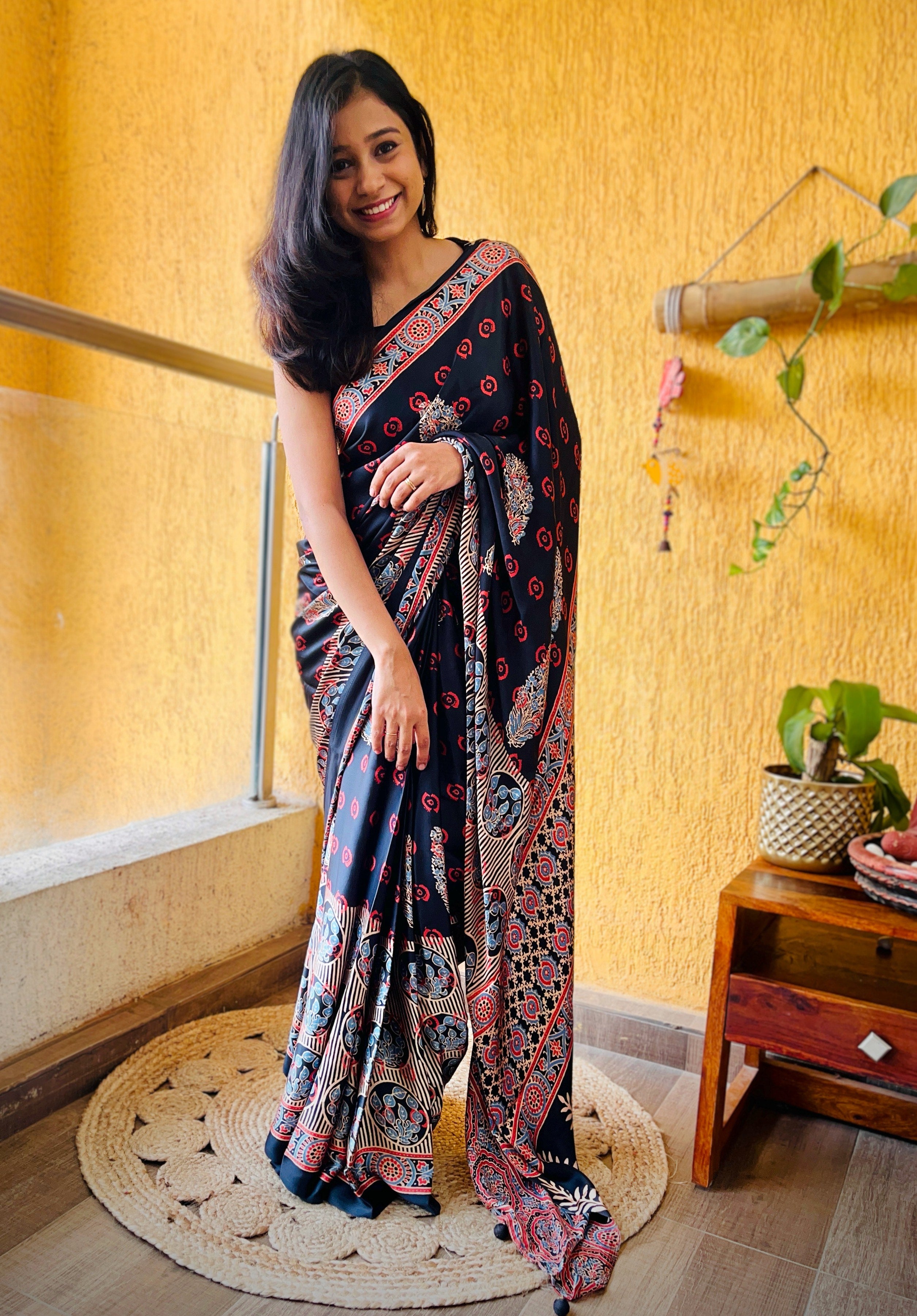 Buy MySilkLove Panther Black Ajrakh Printed Satin Silk Saree Online