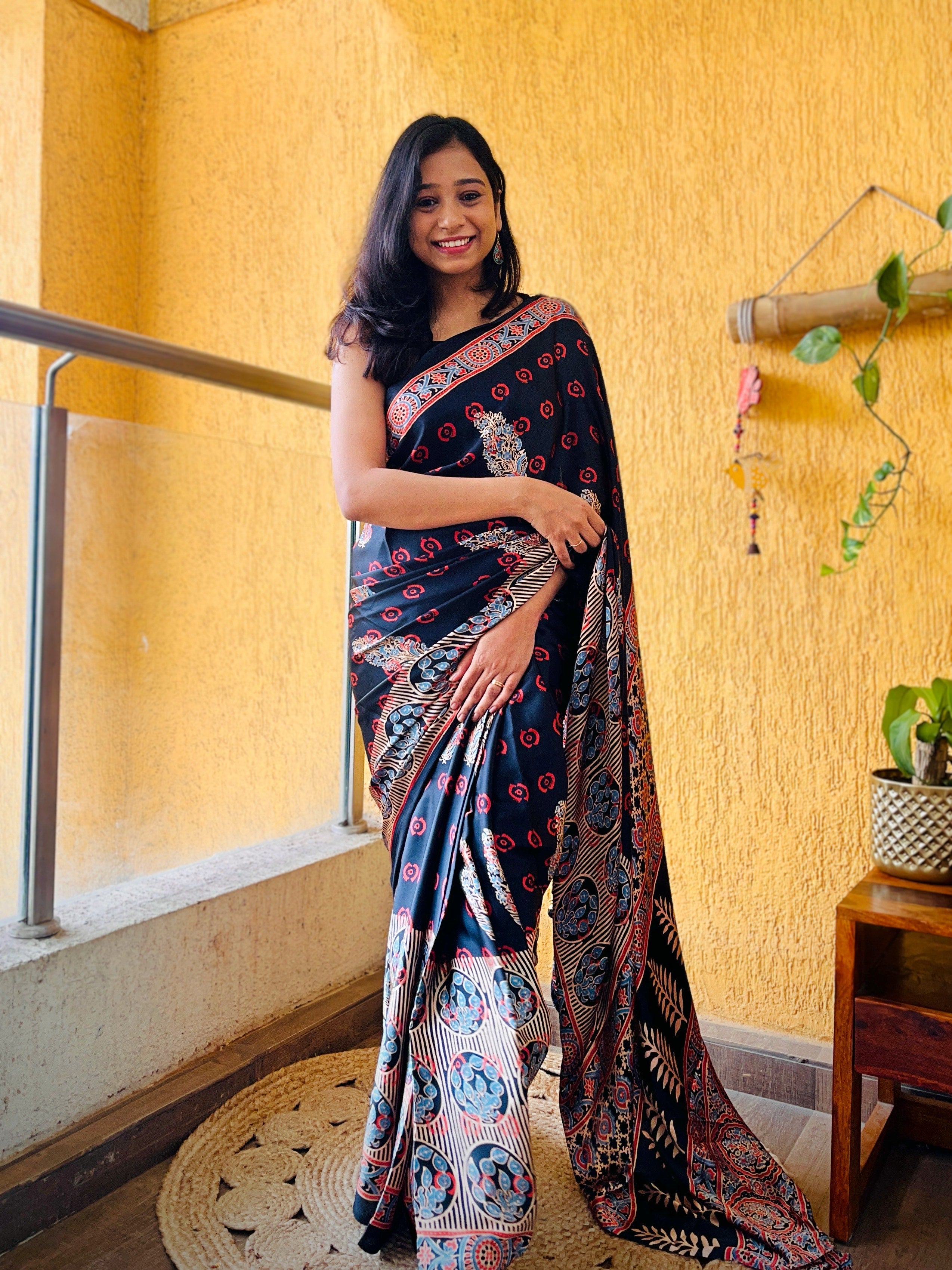 Buy MySilkLove Panther Black Ajrakh Printed Satin Silk Saree Online