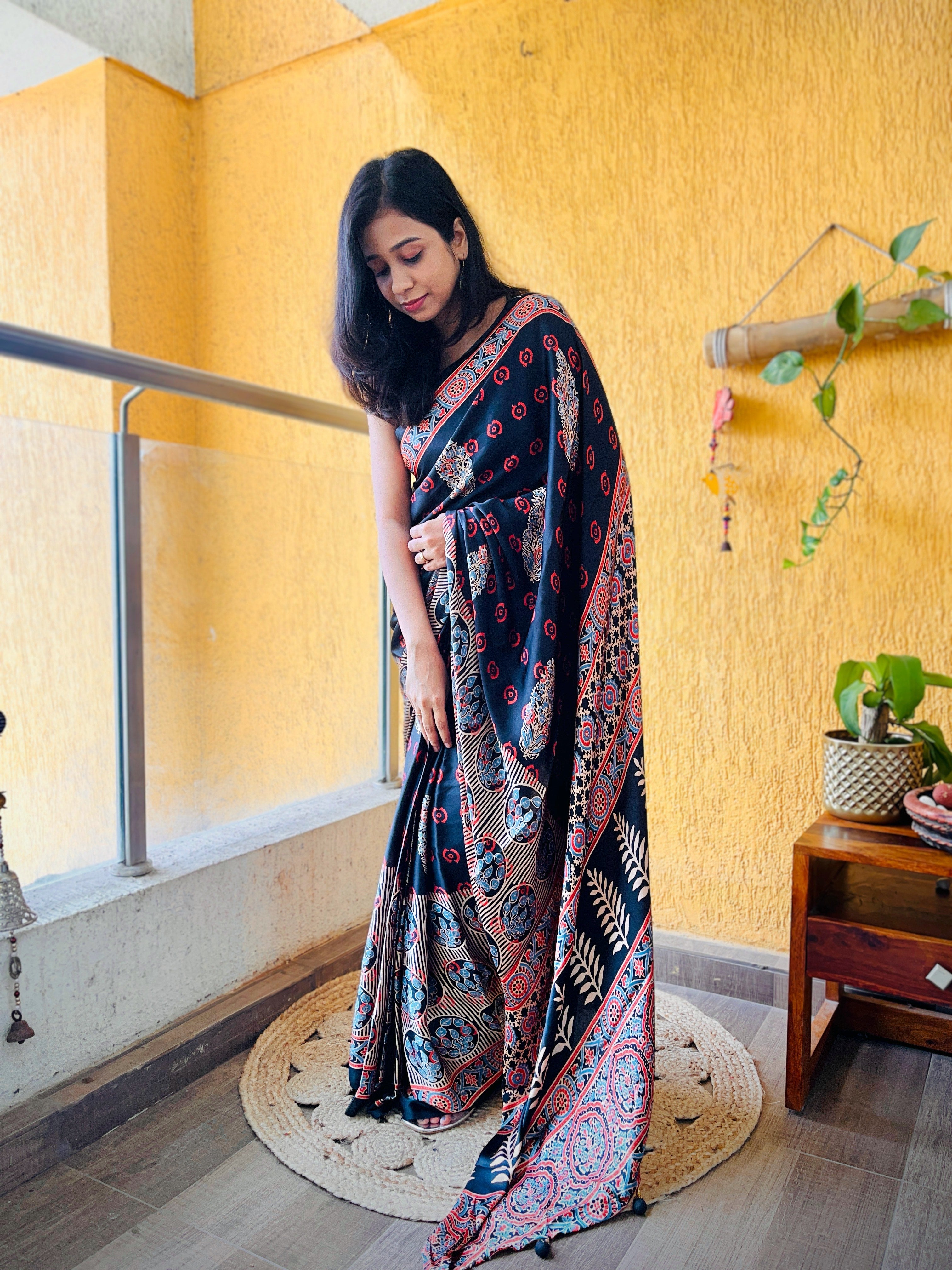 Buy MySilkLove Panther Black Ajrakh Printed Satin Silk Saree Online
