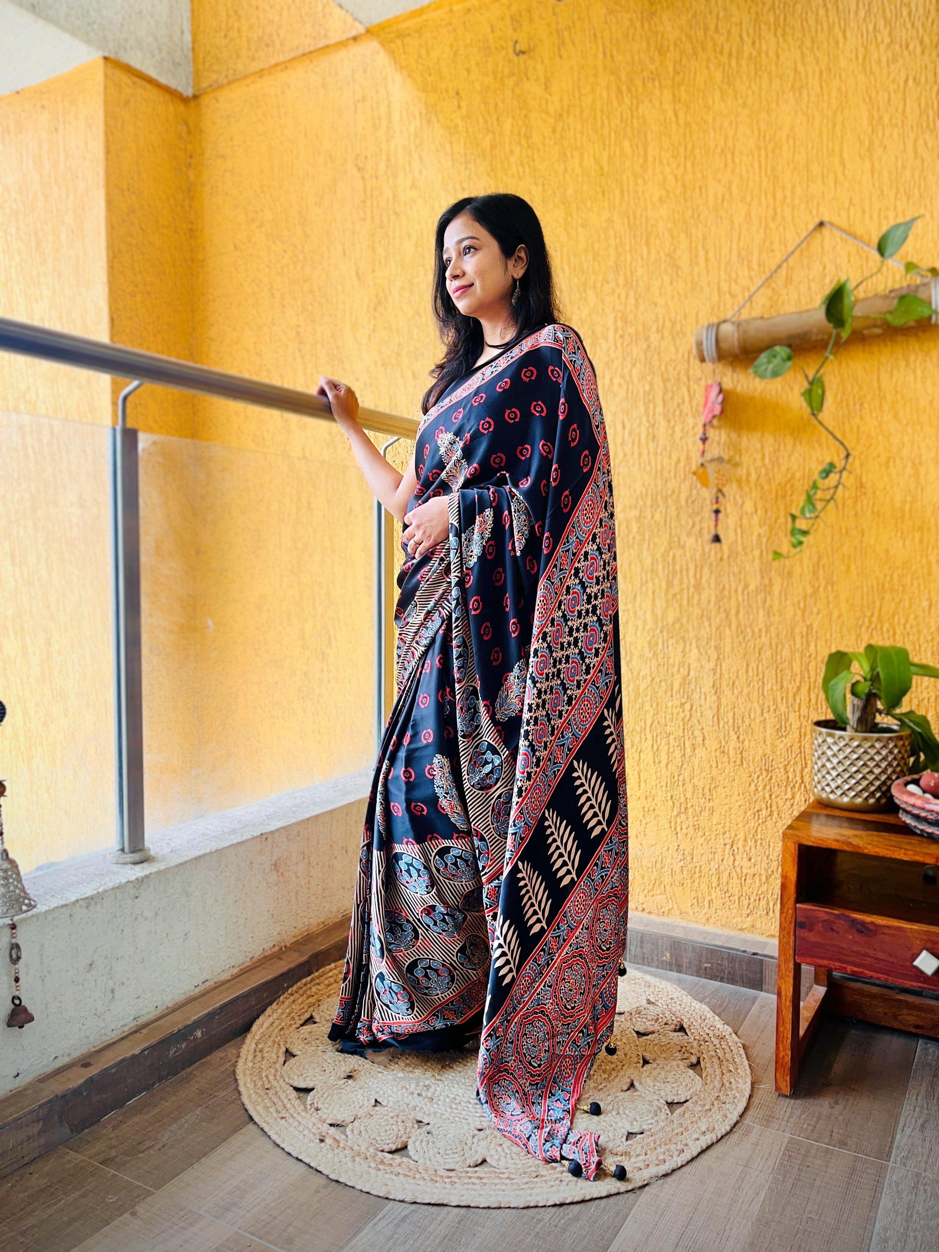 Buy MySilkLove Panther Black Ajrakh Printed Satin Silk Saree Online