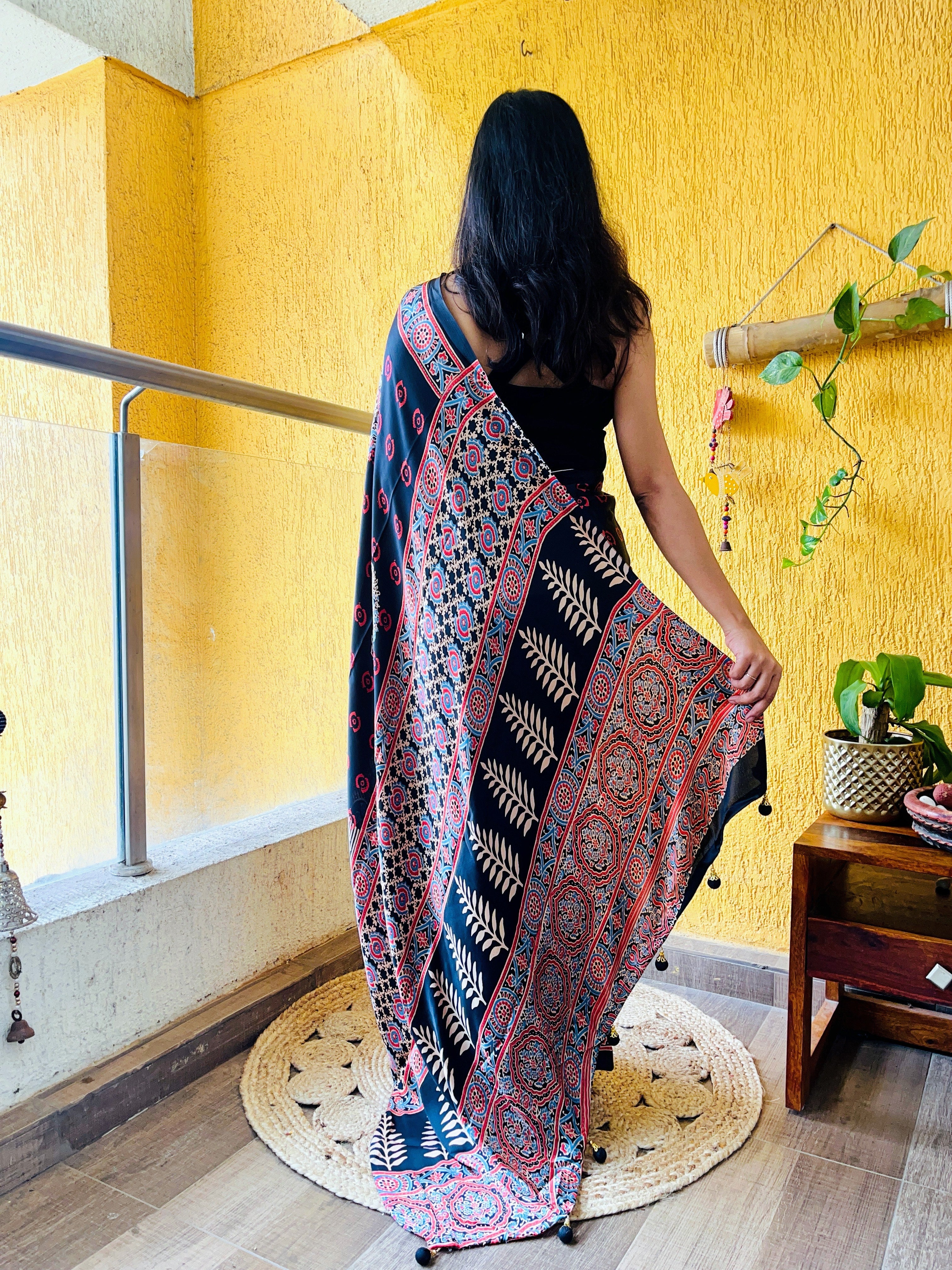 Buy MySilkLove Panther Black Ajrakh Printed Satin Silk Saree Online