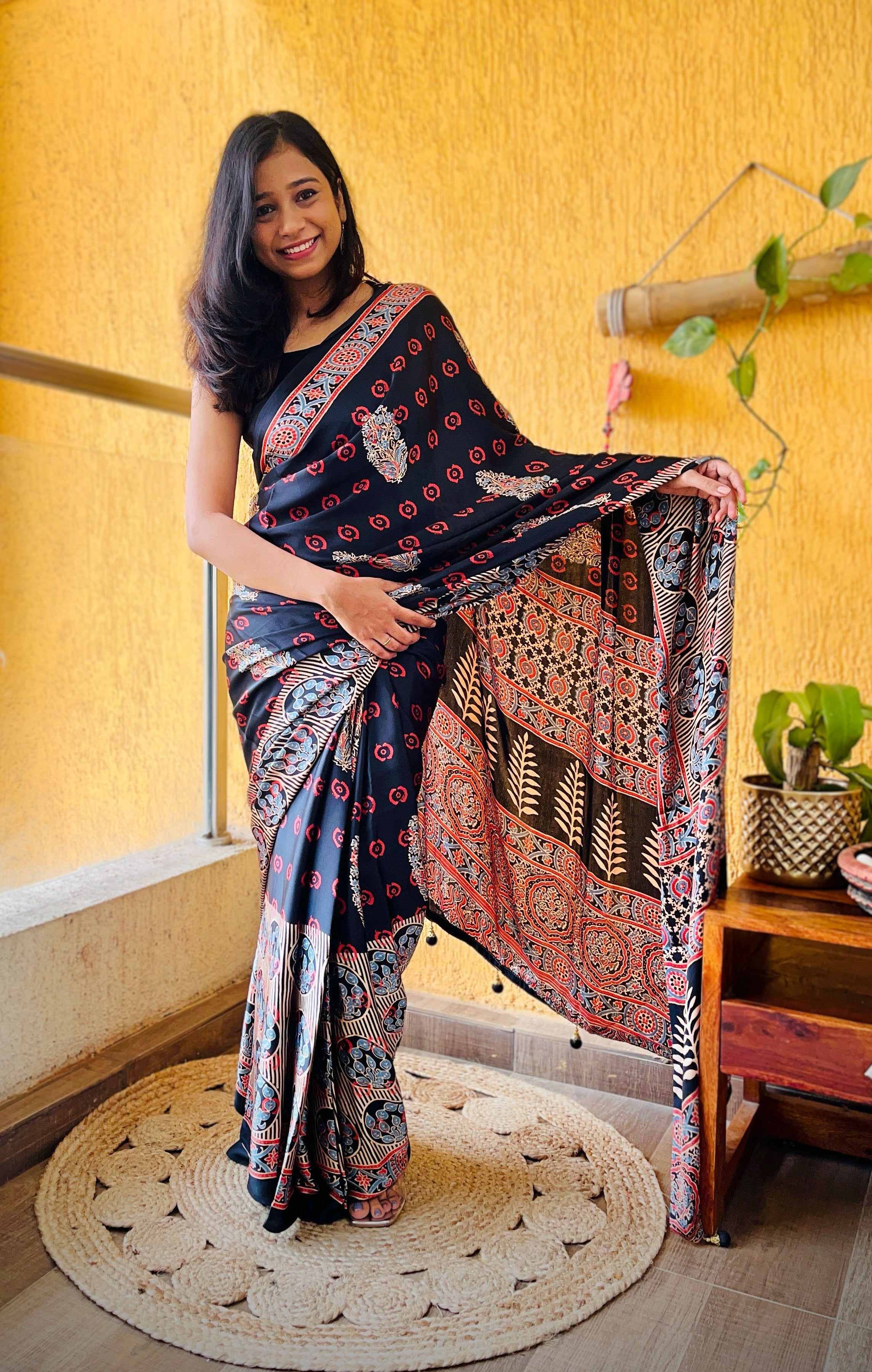 Buy MySilkLove Panther Black Ajrakh Printed Satin Silk Saree Online
