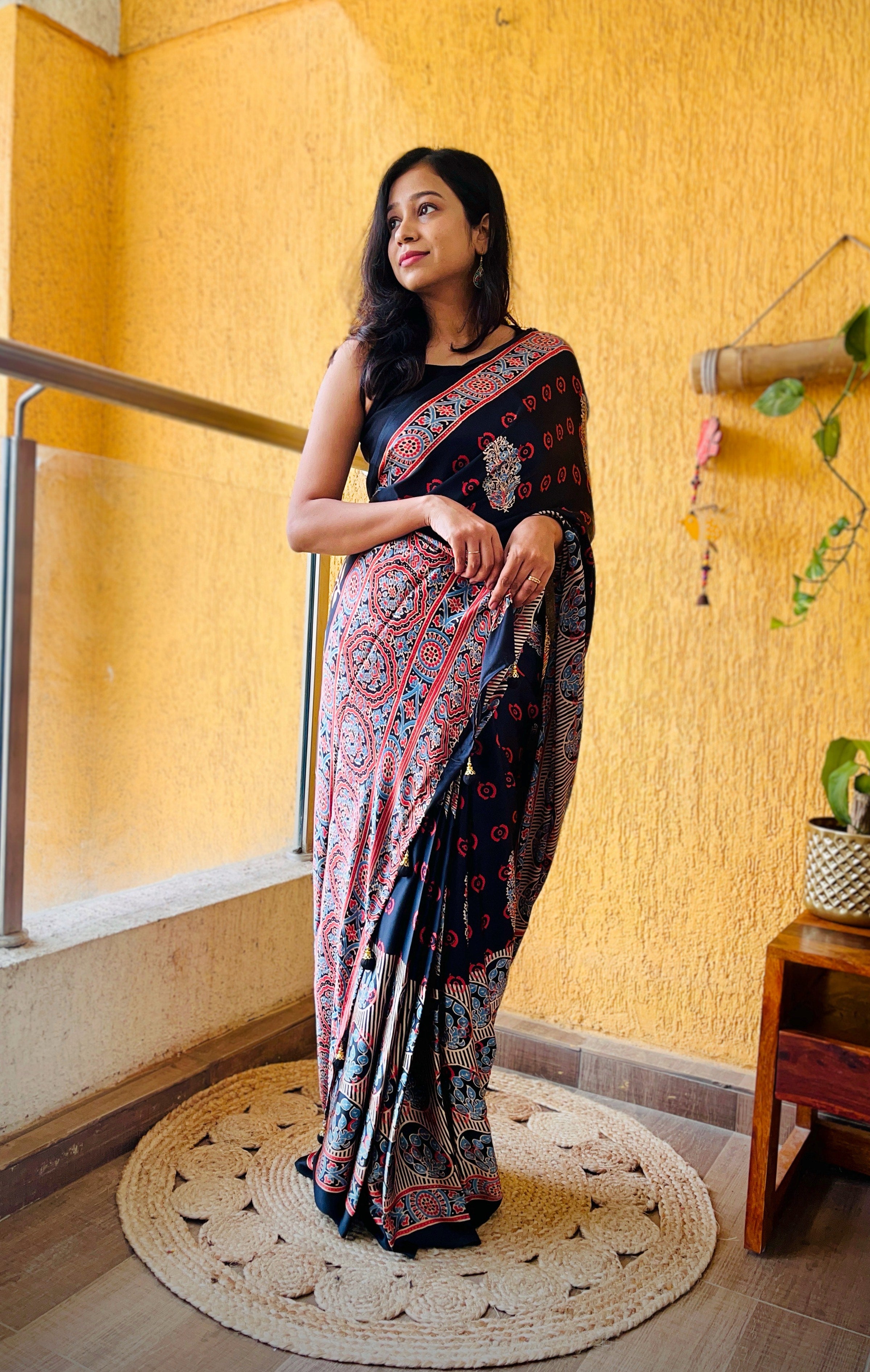 Buy MySilkLove Panther Black Ajrakh Printed Satin Silk Saree Online