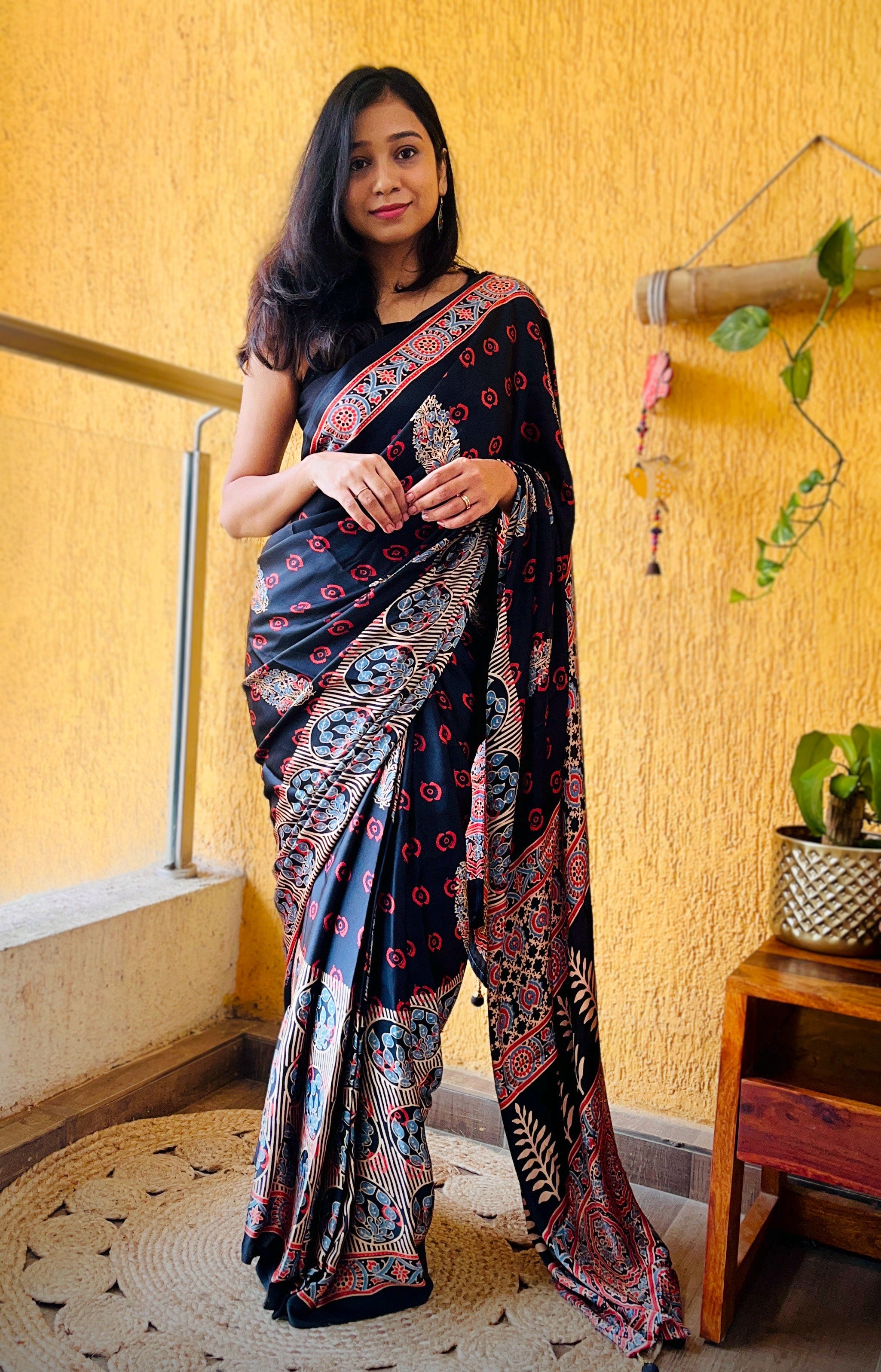Buy MySilkLove Panther Black Ajrakh Printed Satin Silk Saree Online