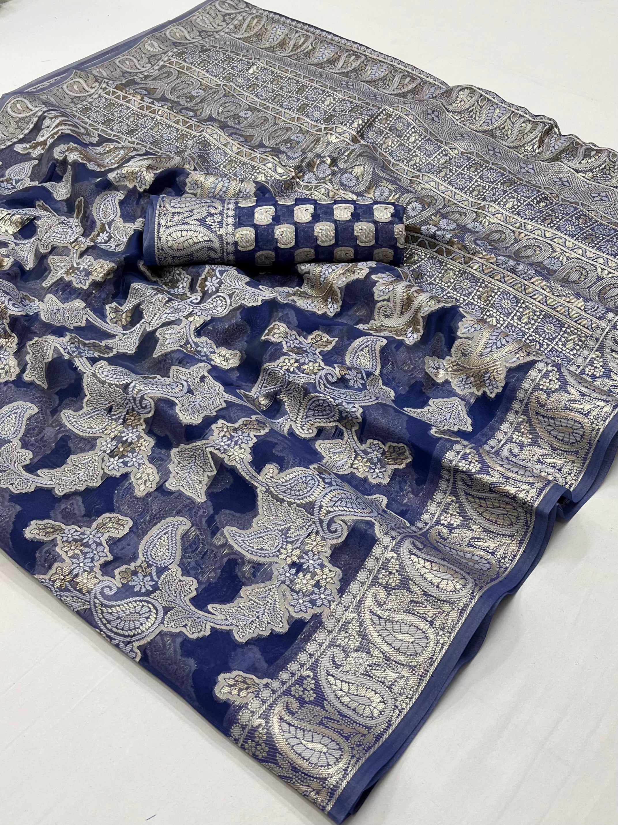 Buy MySilkLove Waterloo Blue Woven Lucknowi Chikankari Saree Online