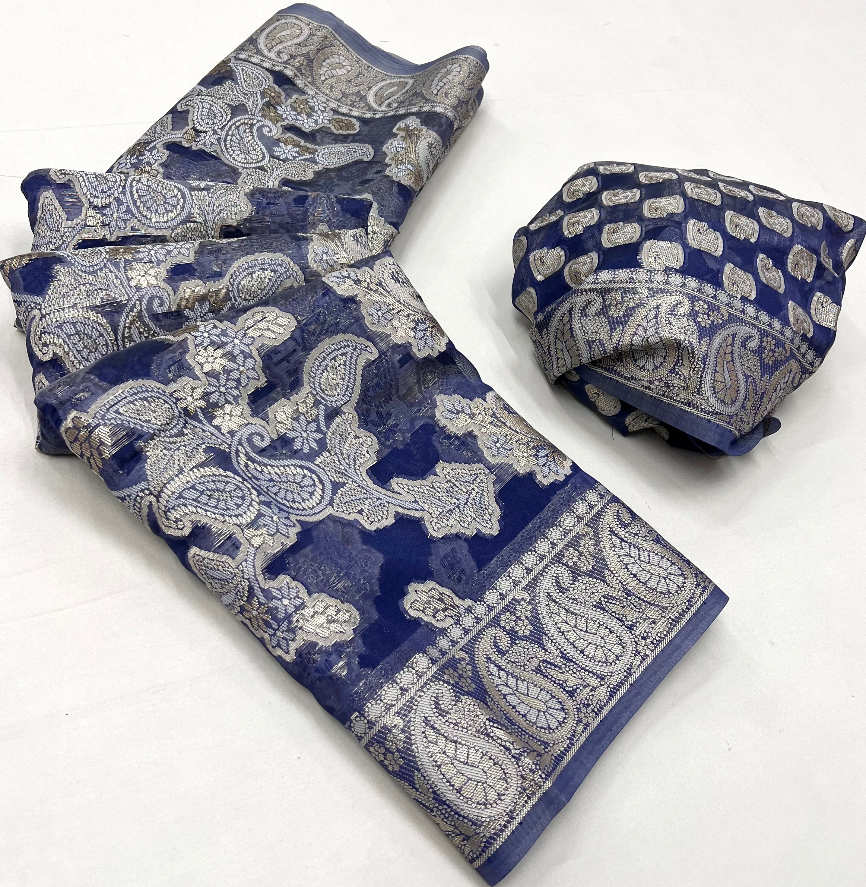 Buy MySilkLove Waterloo Blue Woven Lucknowi Chikankari Saree Online
