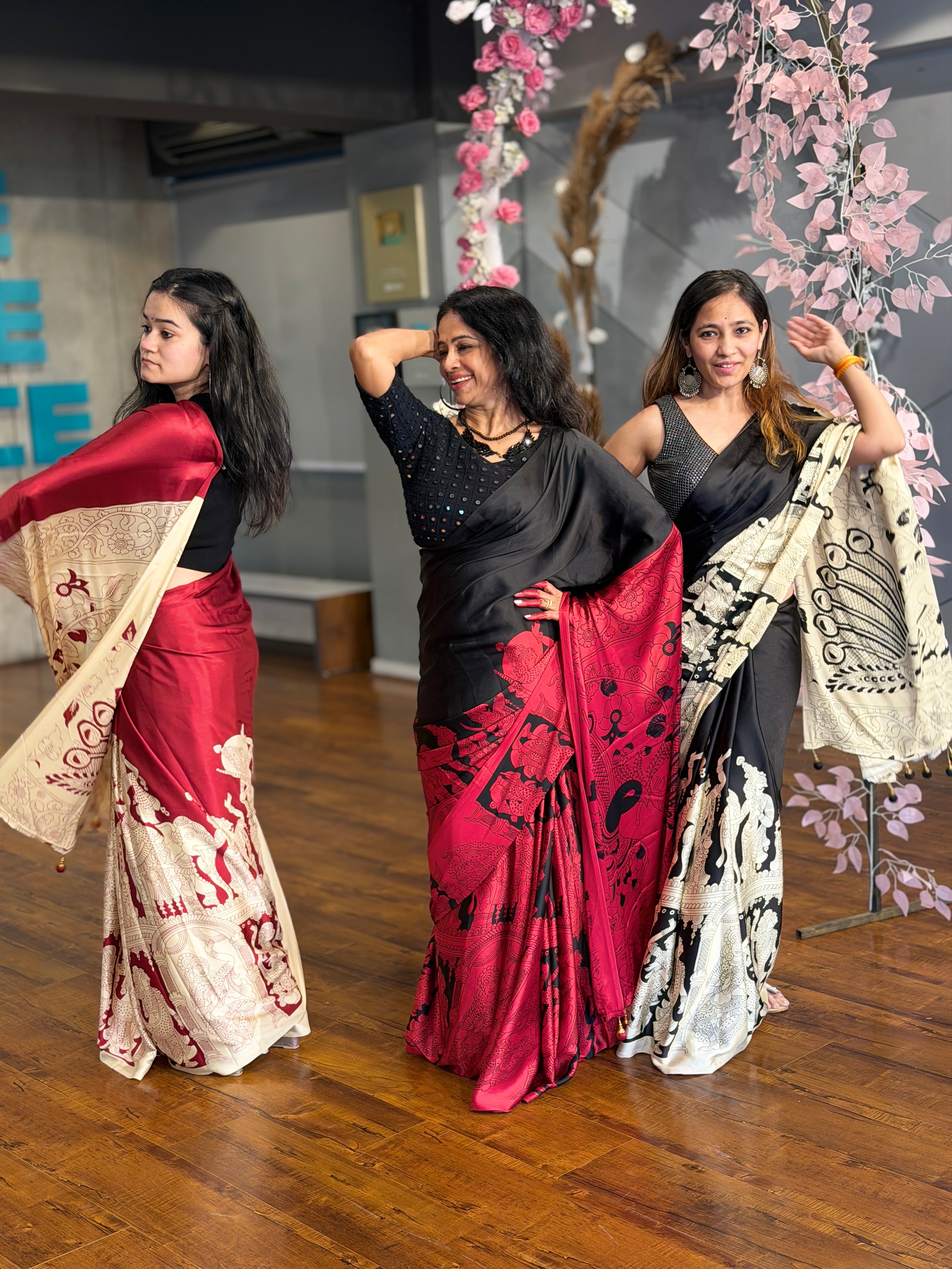 Buy MySilkLove Tuna Black and Red Ajrakh Printed Satin Crepe Silk Saree Online