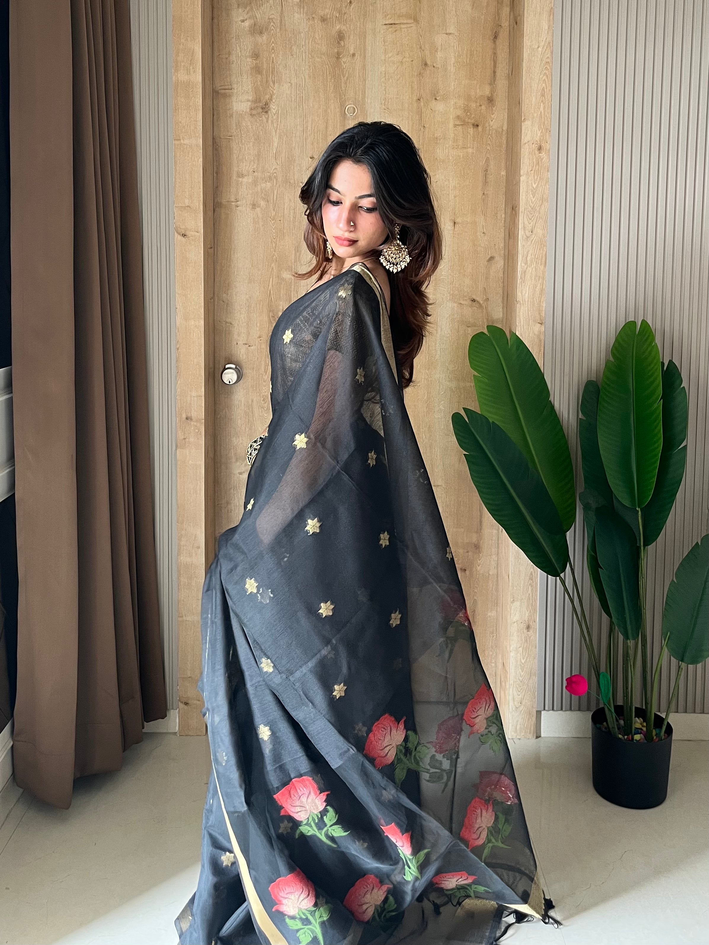 Buy MySilkLove Carbon Black Handloom Muga Cotton Saree Online