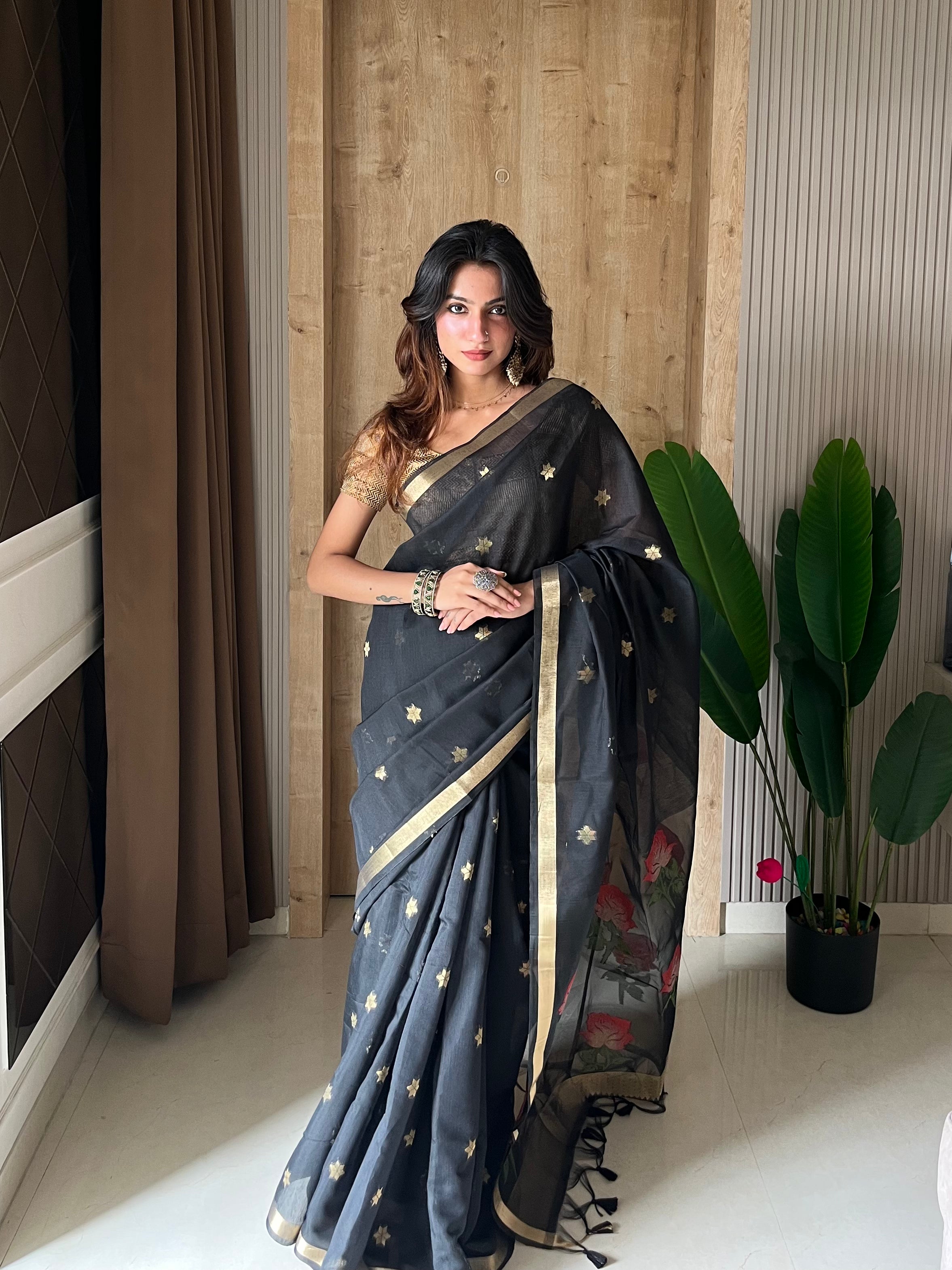 Buy MySilkLove Carbon Black Handloom Muga Cotton Saree Online