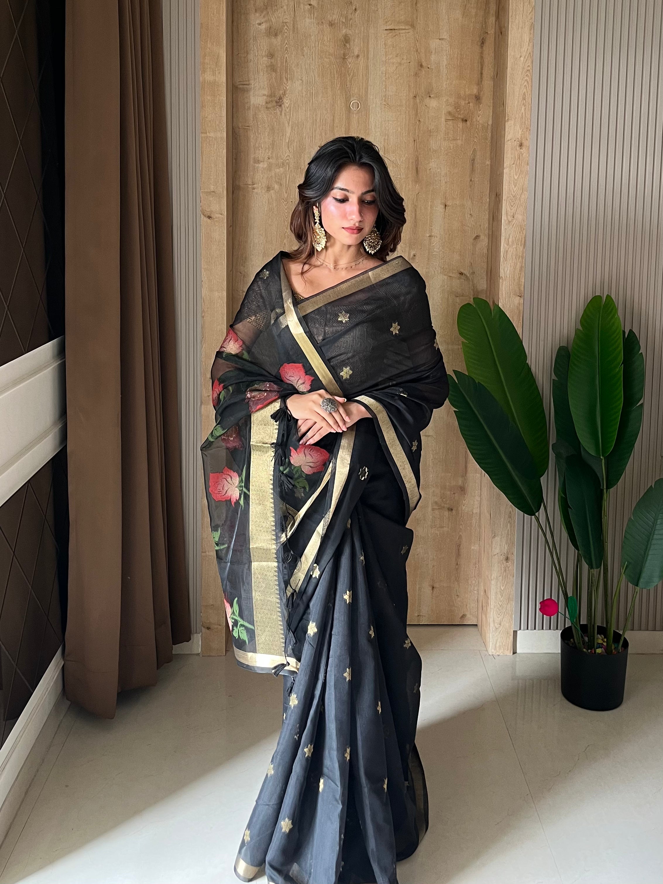 Buy MySilkLove Carbon Black Handloom Muga Cotton Saree Online