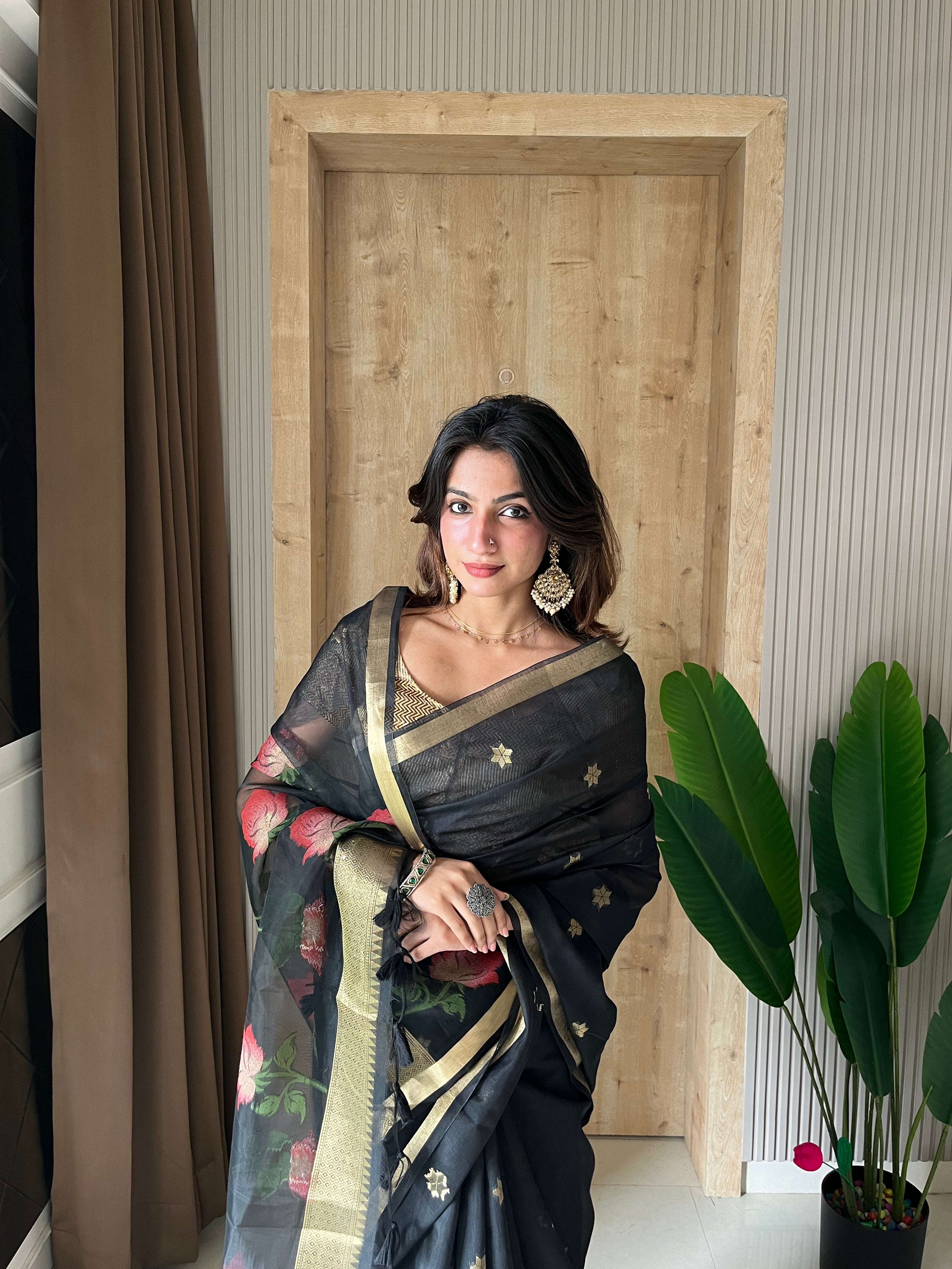Buy MySilkLove Carbon Black Handloom Muga Cotton Saree Online