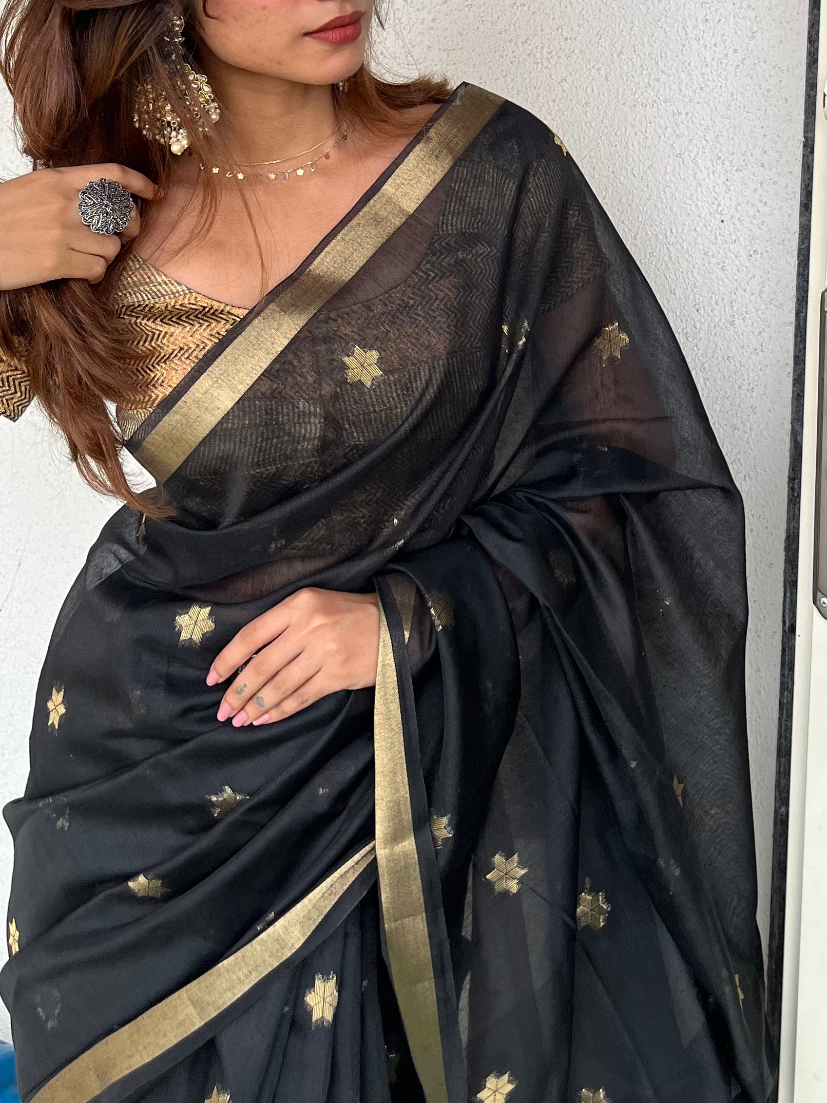 Buy MySilkLove Carbon Black Handloom Muga Cotton Saree Online