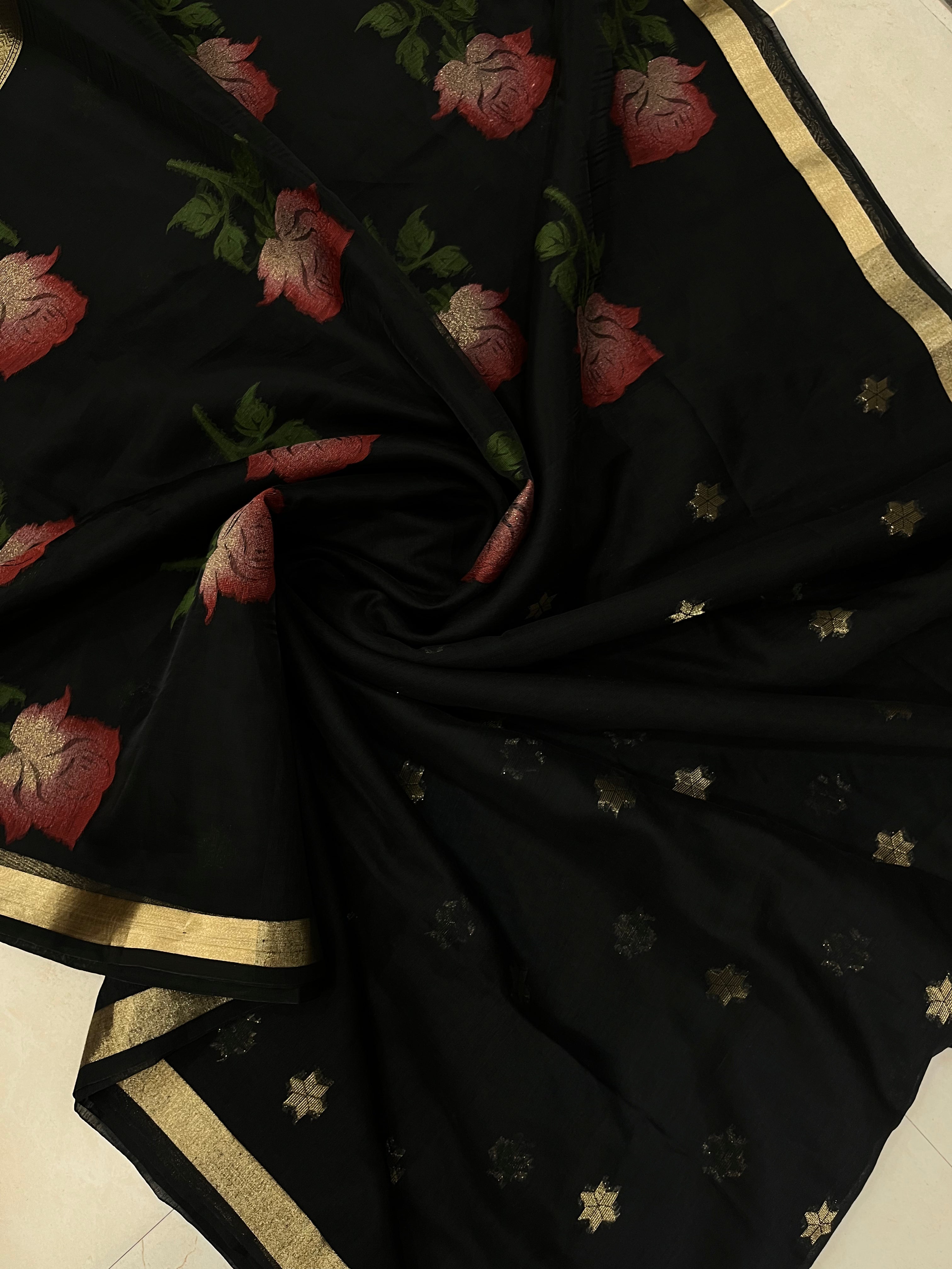 Buy MySilkLove Carbon Black Handloom Muga Cotton Saree Online