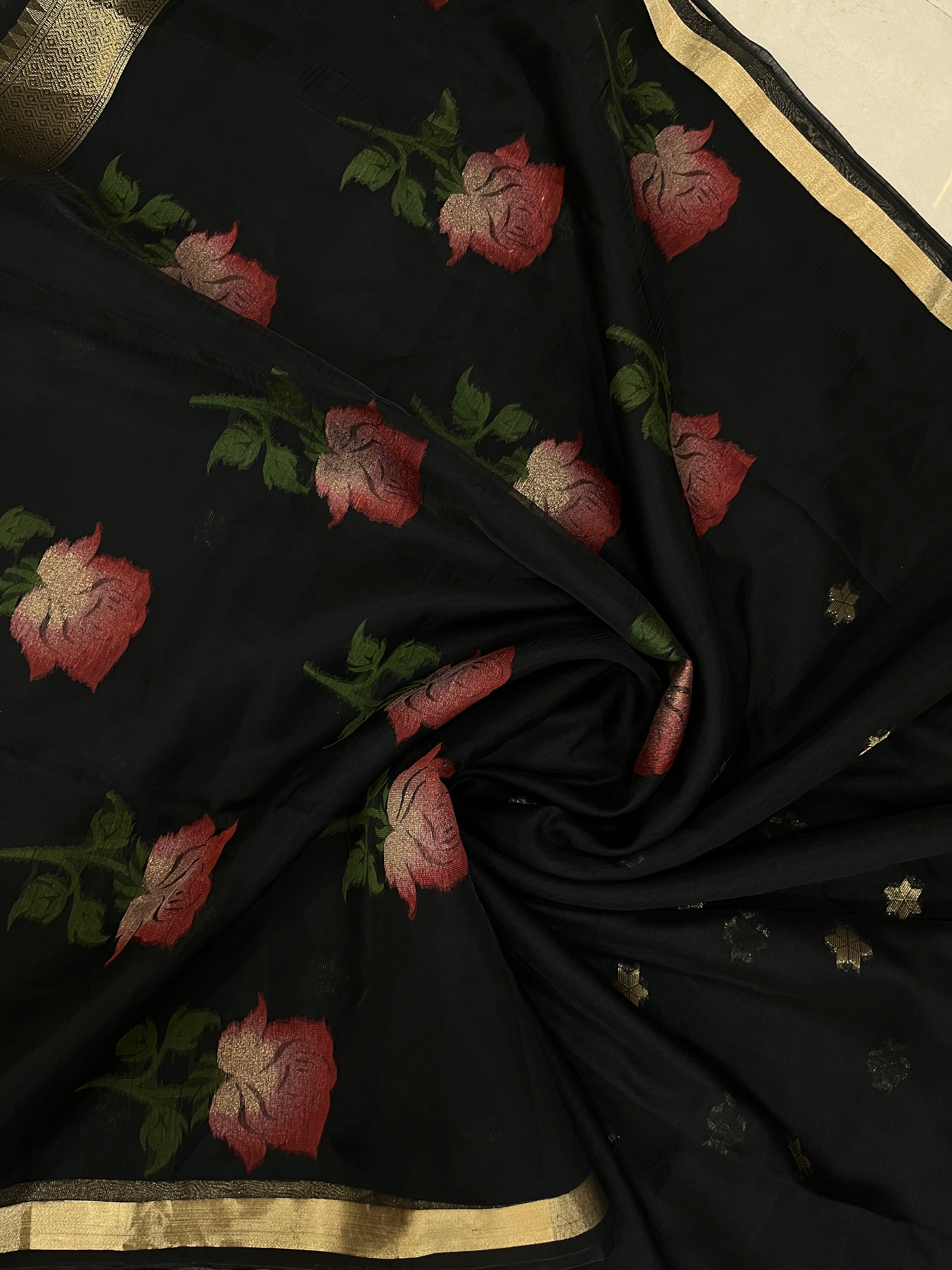Buy MySilkLove Carbon Black Handloom Muga Cotton Saree Online